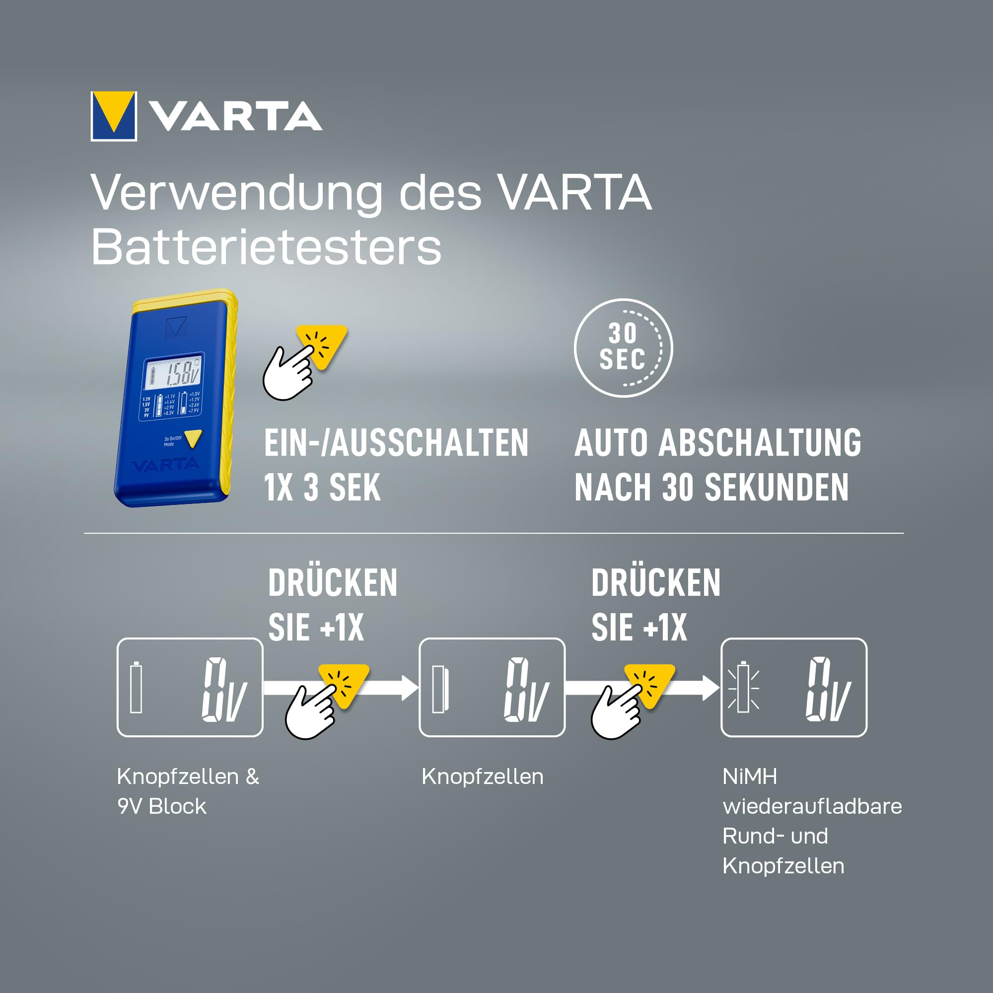 VARTA LCD Digital Battery Tester - Universal Battery Testing Device for AA, AAA, C, D, 9V & Button Cells | Includes 2 x V13GA (LR44) Batteries | Perfect for Home, Office & Electronics Maintenance