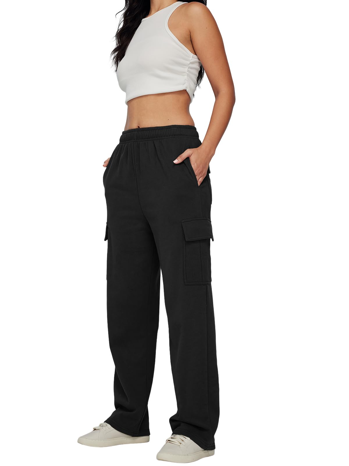 AUTOMET Women's Fleece Cargo Sweatpants - High Waisted Baggy Joggers with Pockets, Athletic Lounge Pants for Workout, Yoga, Running & Casual Wear