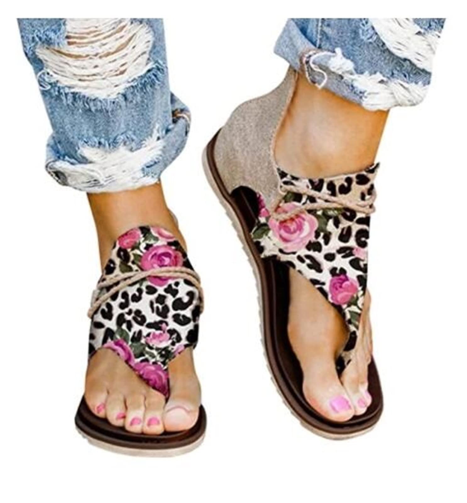 Women's Summer Sandals - Leopard & Floral Print Retro Flip Flops with Butterfly Design | Lightweight Fashion Flat Sandals for Beach, Outdoor & Casual Wear | Bohemian Gladiator Thong Sandalias Roman Shoes