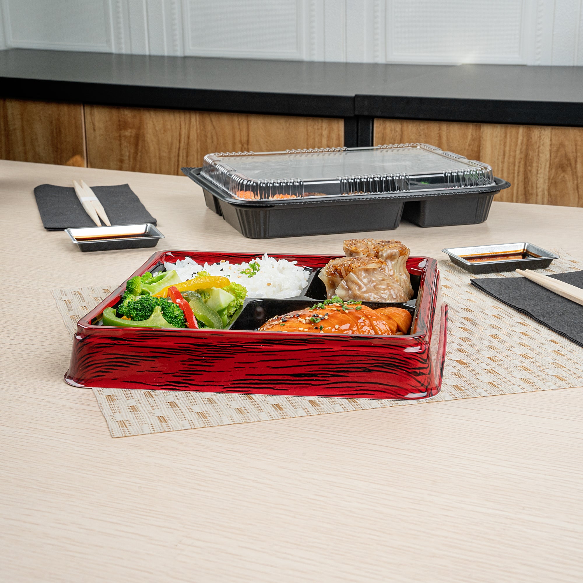 Bento Tek 18 oz Square Red and Black Plastic Bento Box with 4 Compartments | 8.5