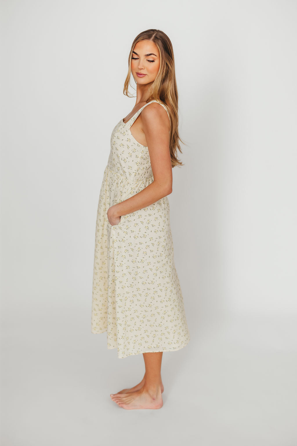 Tinsley 100% Cotton Floral Print Midi Dress - Cream | Women's Summer Casual Dress for Beach, Brunch & Date Night
