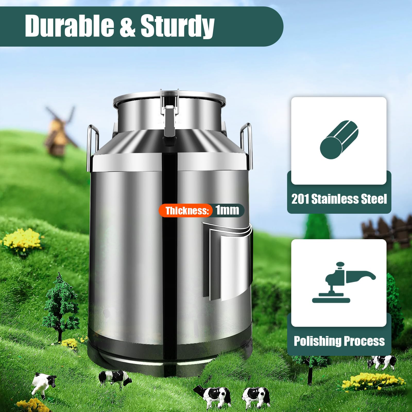 60L/15.85 Gallon Stainless Steel Milk Can with Sealing Lid - 201 Food Grade Milk Jug, Wine Pail & Liquid Storage Container - Perfect for Kitchen, Home, Restaurant - Ideal for Dairy, Beverage & Bulk Food Storage