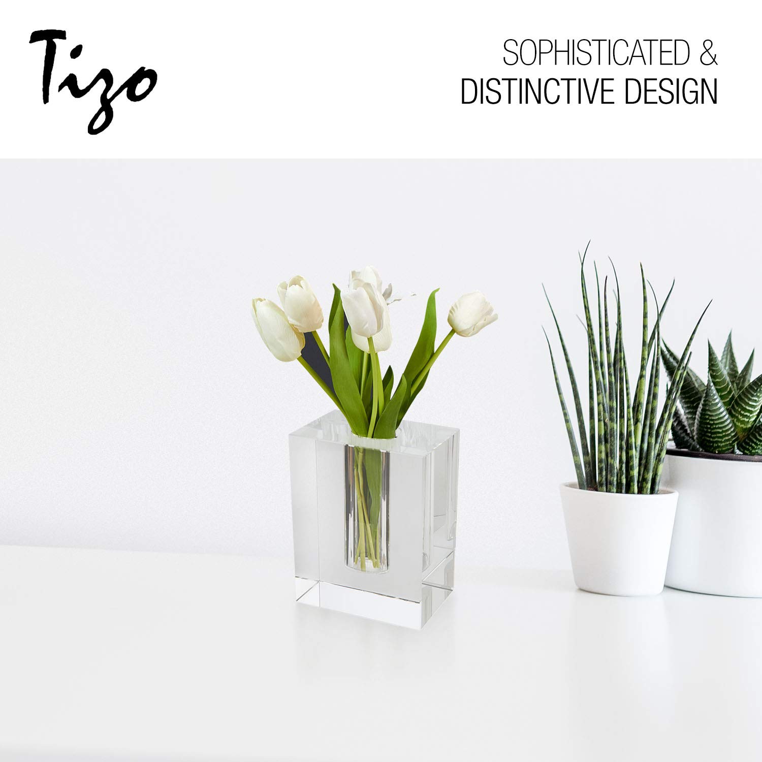 Tizo Design Elegant Clear Crystal Glass Vase - Heavy Square Block Tabletop Vase for Home Decor, Wedding Centerpiece & Office Desk (4