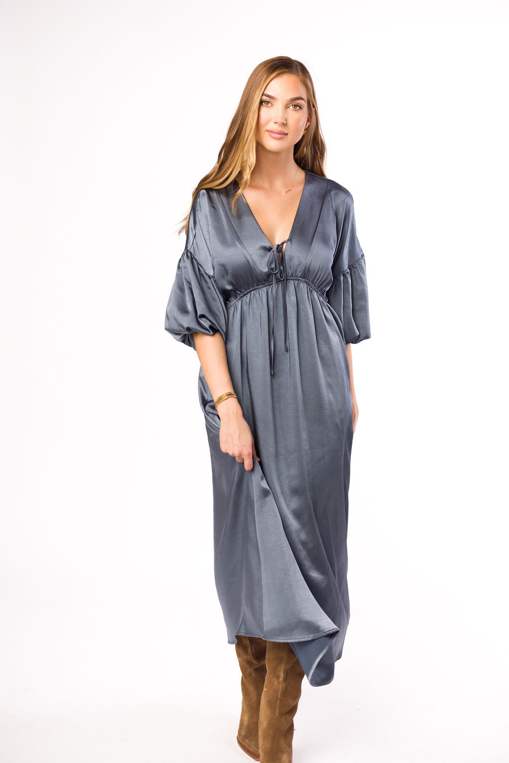 Hunter Premium Satin Midi Dress in Blue Granite - Bump Friendly Maternity Dress for Women | Elegant & Comfortable for Pregnancy, Baby Showers, Weddings & Special Occasions