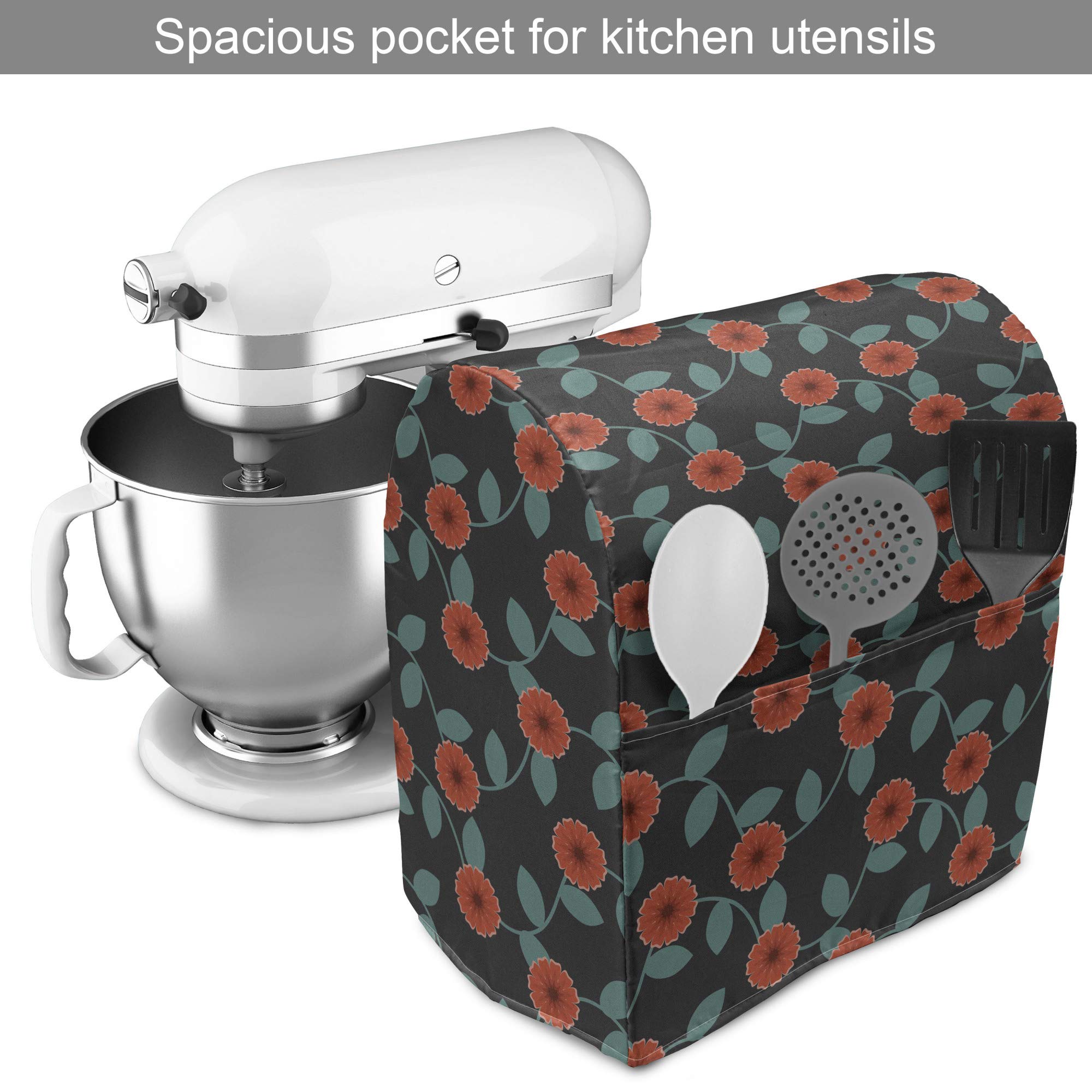 Ambesonne 6-8 Quart Stand Mixer Cover with Pocket - Dark Backdrop Leafy Stems Foliage Design, Charcoal Grey Vermilion Kitchen Appliance Organizer | Perfect for Baking Enthusiasts & Kitchen Organization