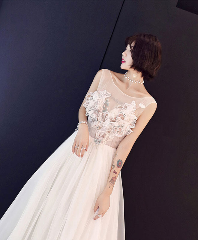 Elegant Champagne Lace Tulle Long Prom Dress for Women - Formal Evening Gown for Homecoming, Wedding, and Special Occasions