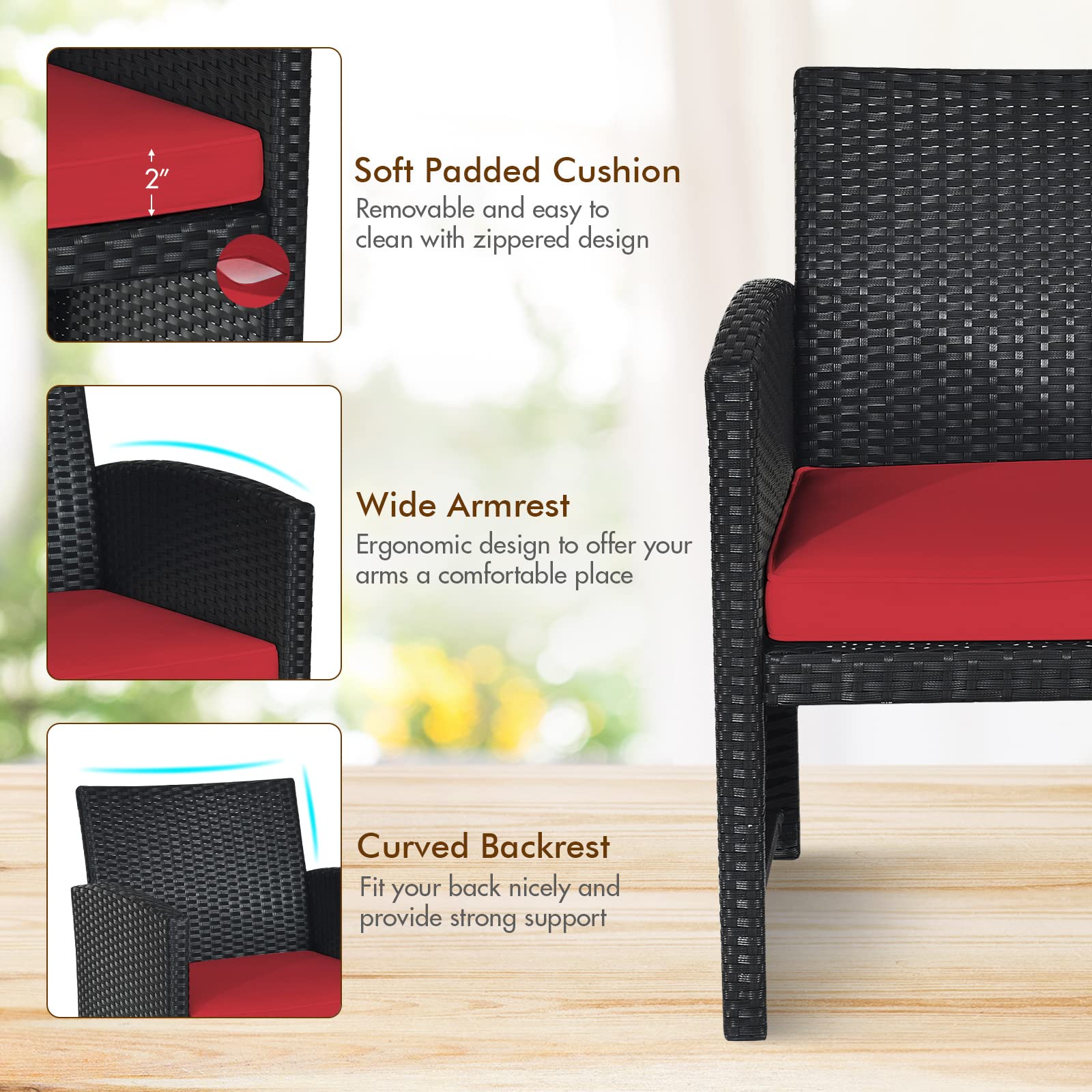 Goplus 4-Piece Rattan Patio Furniture Set - Outdoor Wicker Conversation Sofa with Cushions & Tempered Glass Coffee Table - Weather-Resistant Garden, Balcony, Backyard Furniture (Red) - Perfect for Outdoor Entertaining, Lounging, and Relaxation