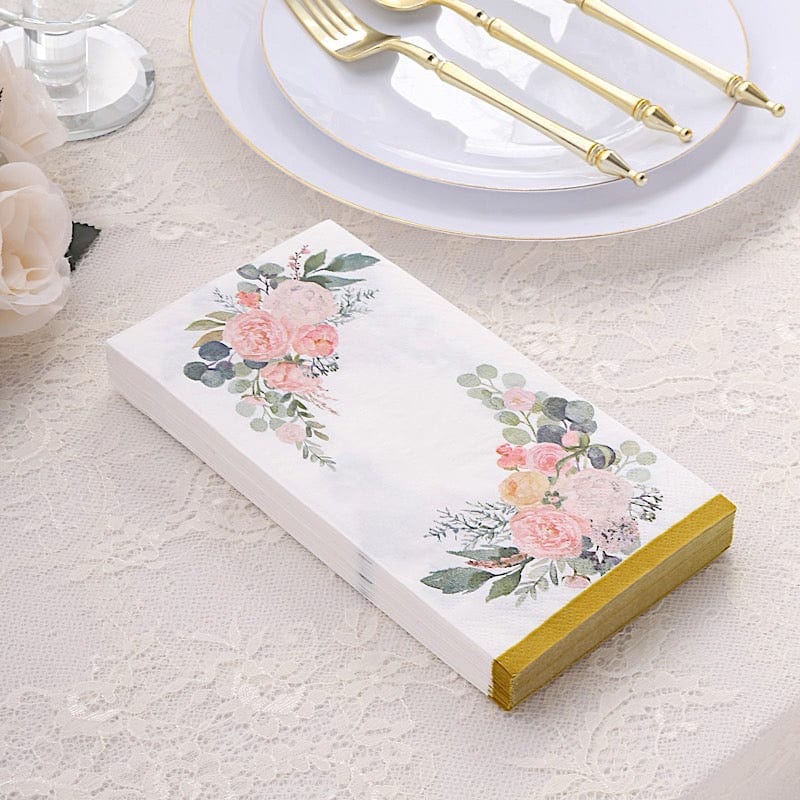 20-Pack White & Pink Peony Floral 2-Ply Disposable Paper Napkins with Gold Edges - Elegant Dinner Party, Wedding, Bridal Shower, and Tea Party Decorations