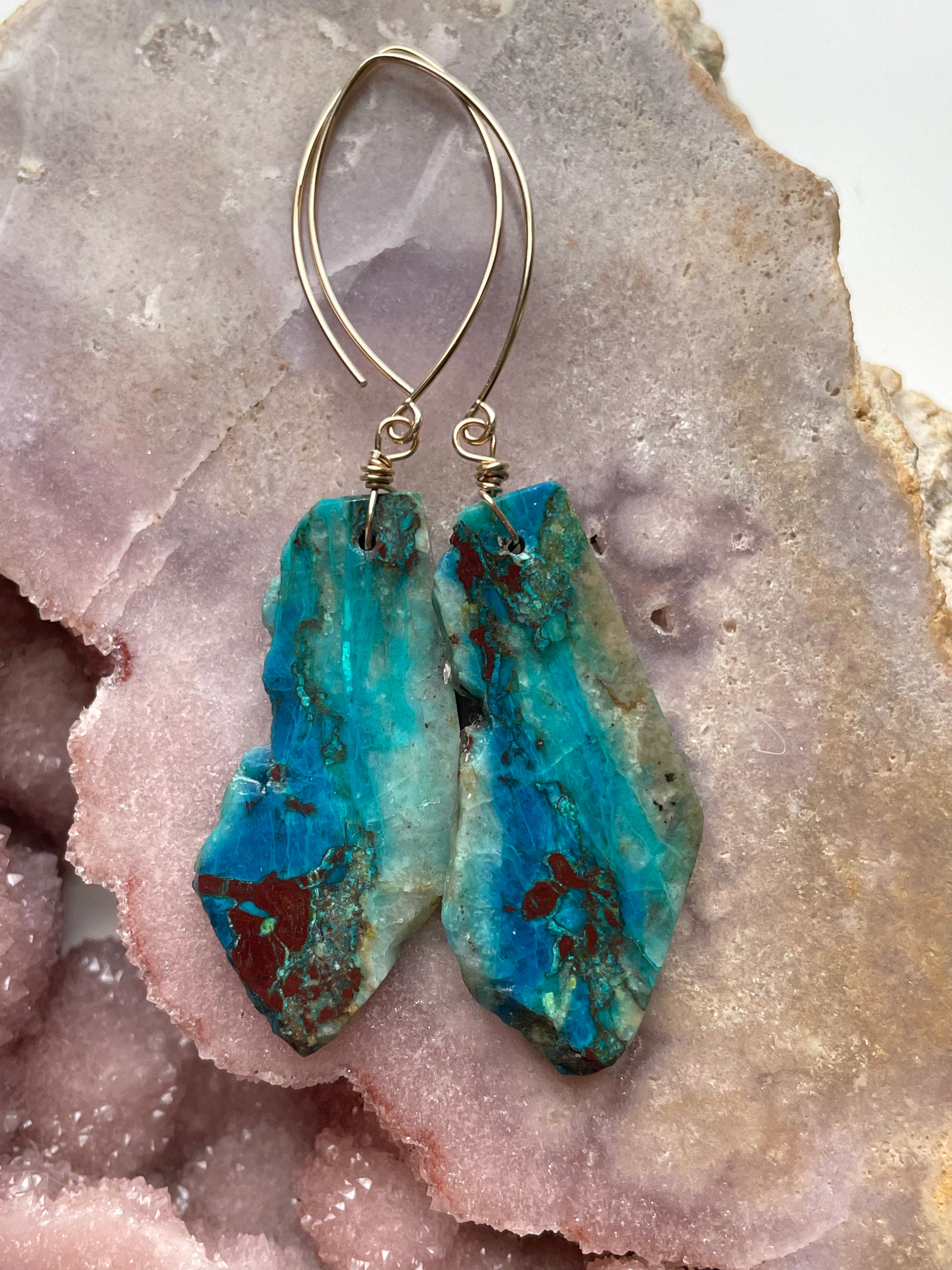 Chrysocolla Gold Filled Statement Crystal Gemstone Earrings for Women | Elegant Bohemian Jewelry | Perfect for Parties, Weddings & Special Occasions