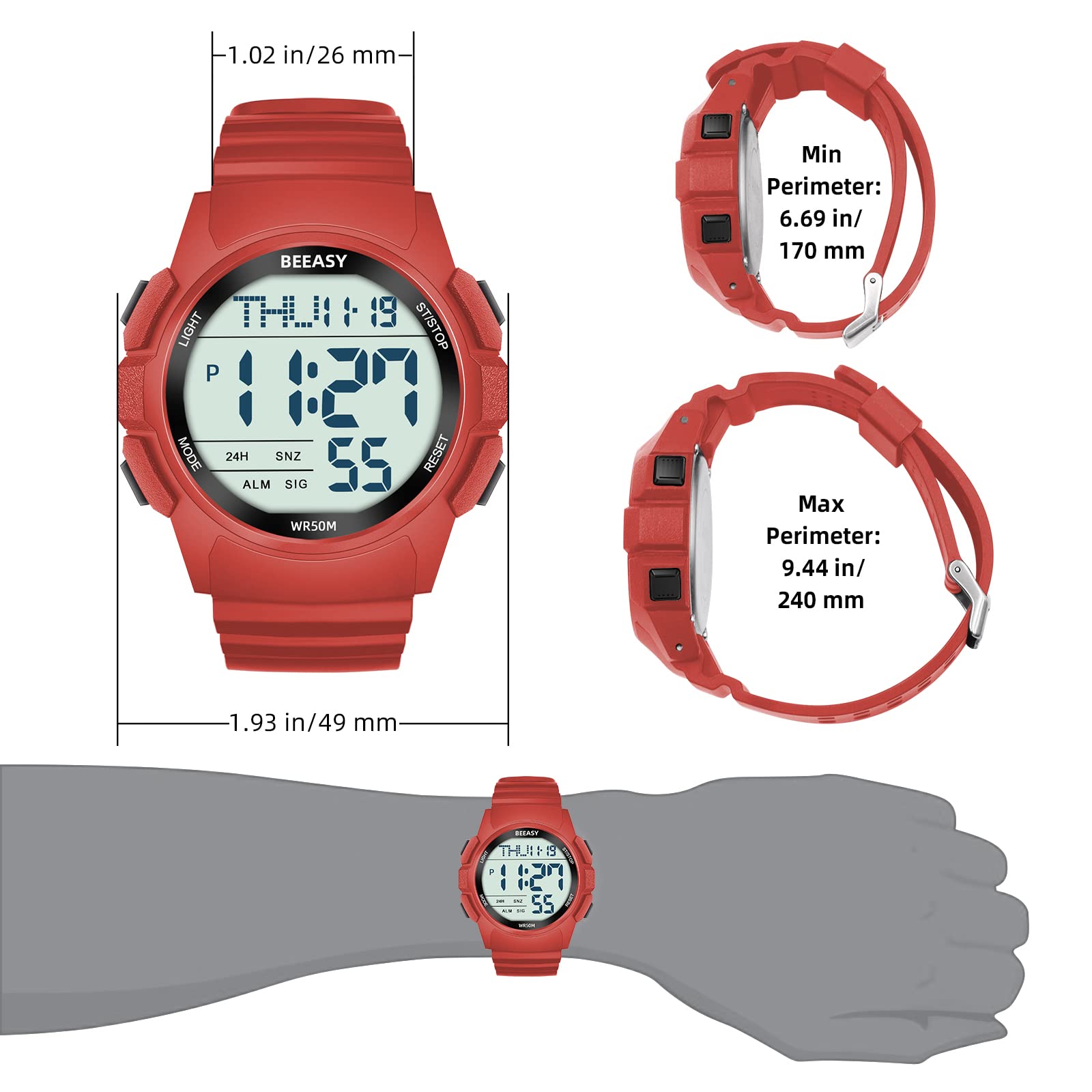 Beeasy Men's Digital Sports Watch - Waterproof, Stopwatch, Countdown Timer, Alarm, Dual Time - Durable Rubber Strap Wristwatch for Men & Students | Perfect for Running, Swimming, Gym & Outdoor Activities
