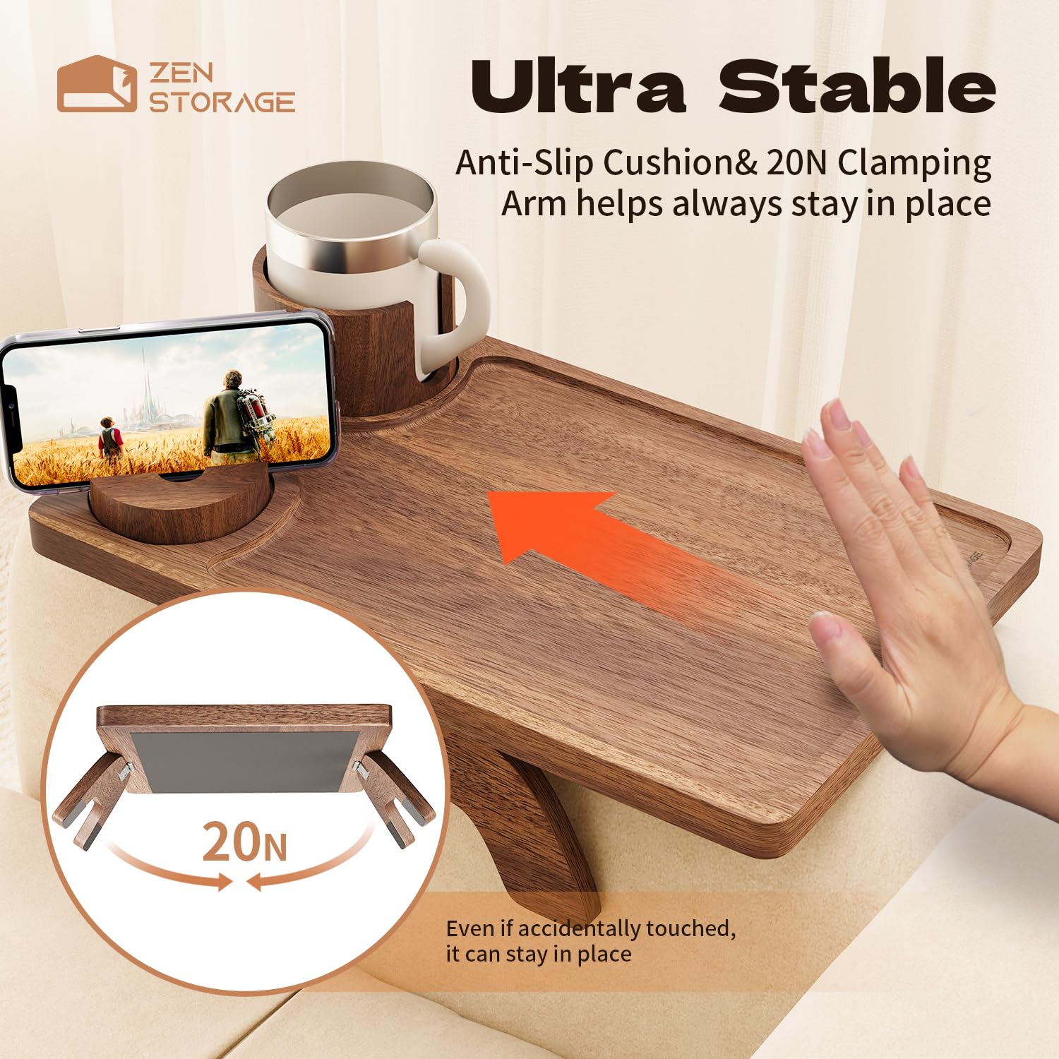 3-in-1 Wooden Couch Arm Table with 360° Rotatable Phone Holder & Cup Holder - Foldable Anti-Slip Sofa Arm Tray for Eating, Snacks, Remote Control & Drinks (Fits 9.84