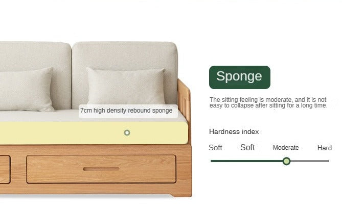 Solid Oak Wood Sofa Bed with Folding & Retractable Storage | Convertible Sleeper for Small Spaces, Guest Rooms & Apartments