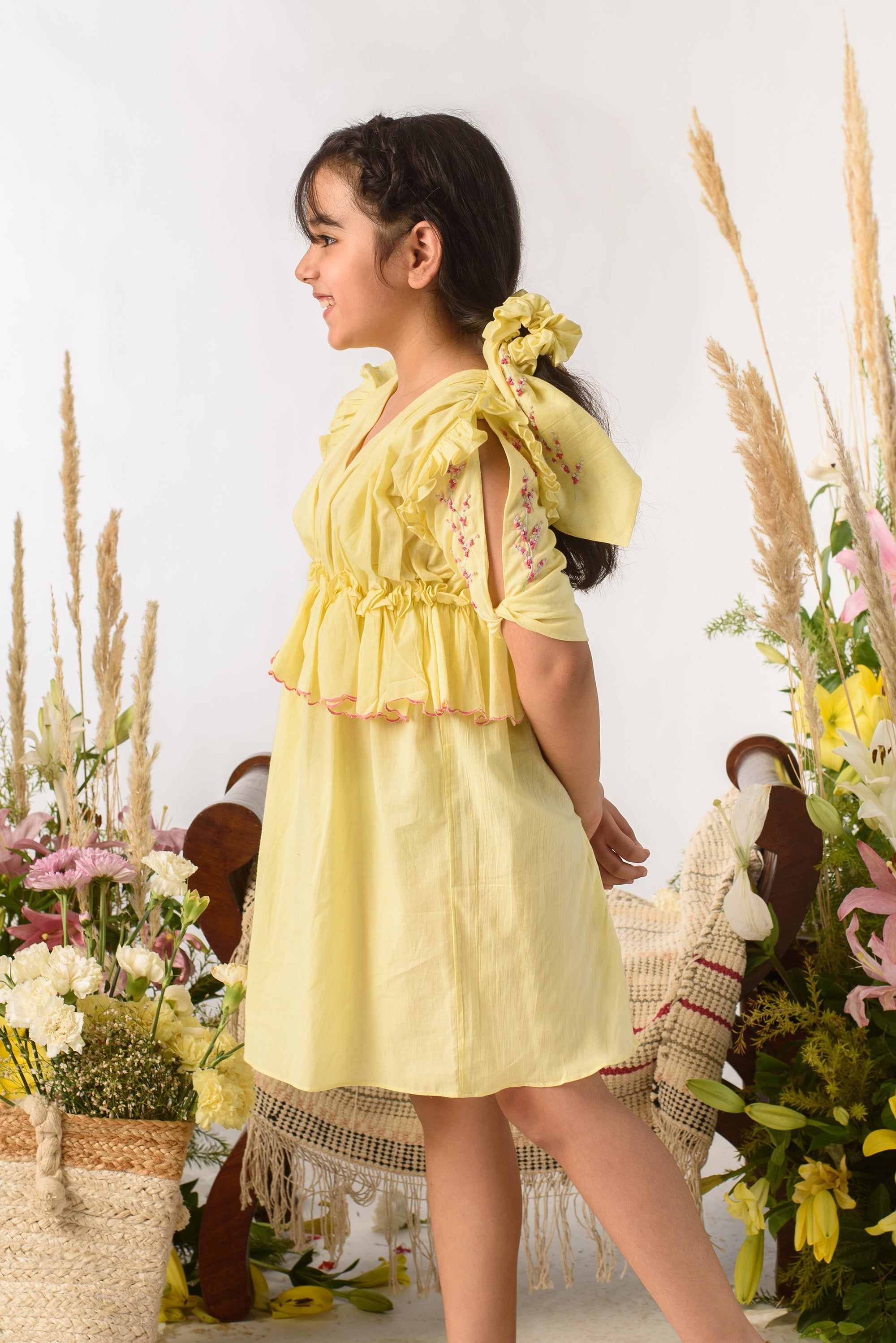 Organic Cotton Embroidered V-Neck Dress for Girls - Floral Trailing Buds Design - Perfect for Spring Outings, Birthday Parties & Family Photos