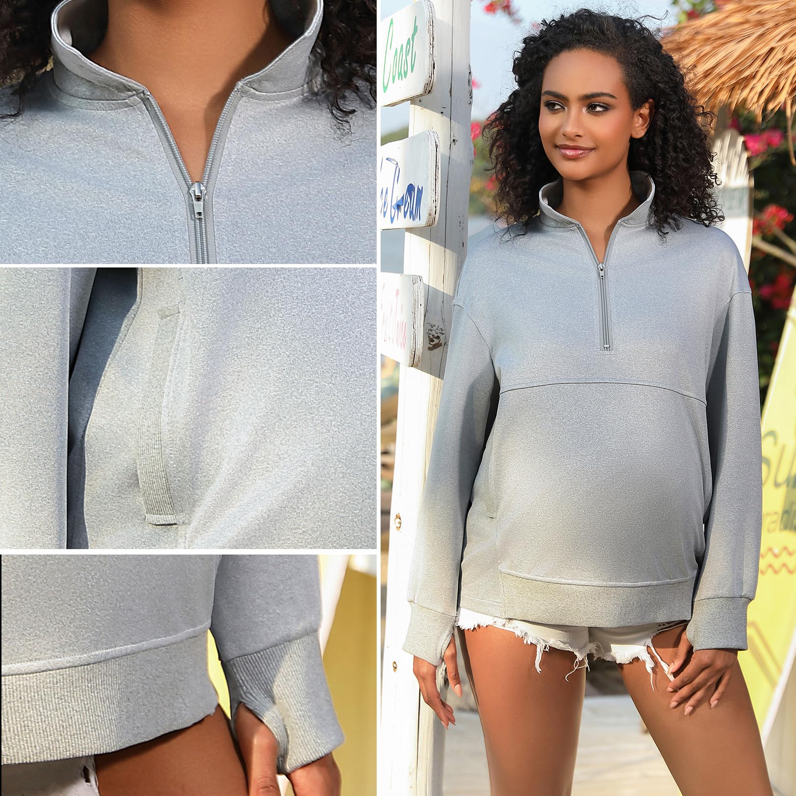 Bhome Maternity Sweatshirt - Half Zip Active Maternity Shirt with Thumbholes & Pockets - Long Sleeve Pullover for Pregnancy Comfort - Perfect for Yoga, Walking & Everyday Wear
