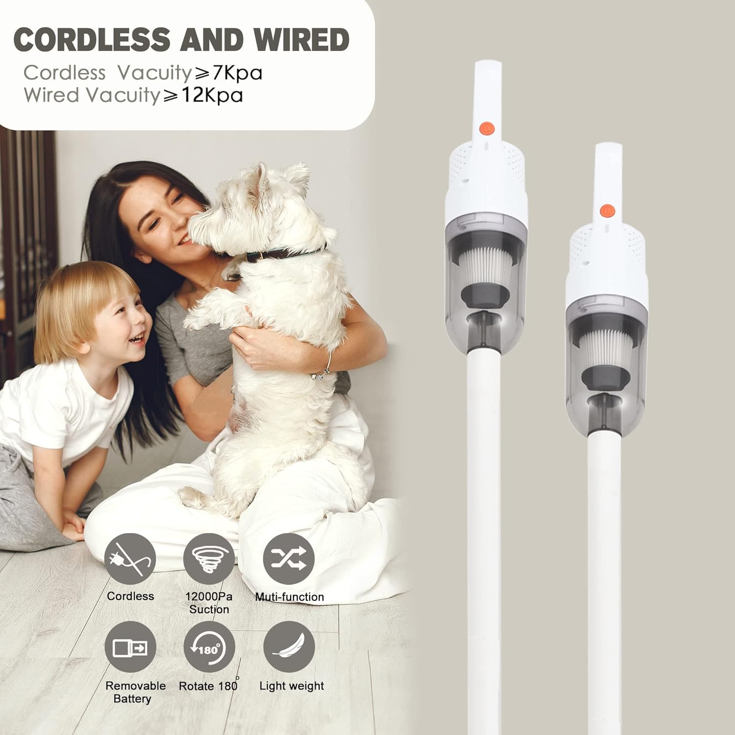 2-in-1 Cordless Handheld Vacuum Cleaner - 100W Powerful Motor, LED Display, Lightweight Stick Vacuum for Hard Floors & Carpets - Perfect for Pet Hair Removal at Home, Car & Office Cleaning (White)