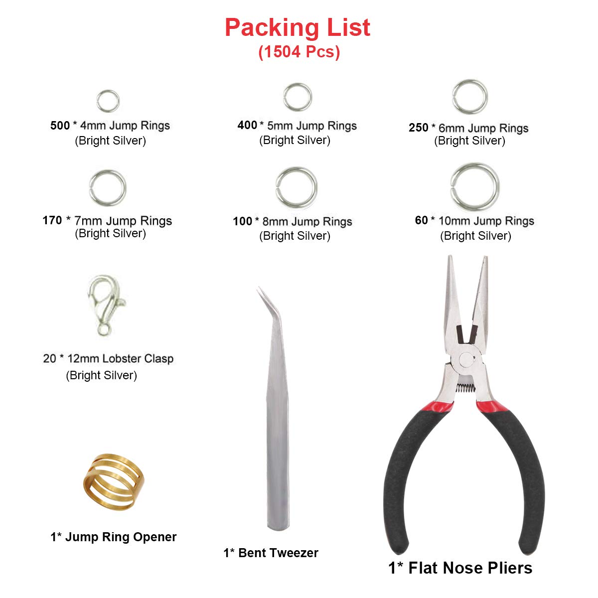 1504pcs Jewelry Making Kit with Open Jump Rings, Lobster Clasps & Tools - Bright Silver Jump Ring Set for Necklace Repair, DIY Jewelry Crafting - Perfect for Home Jewelry Making & Professional Repair Work
