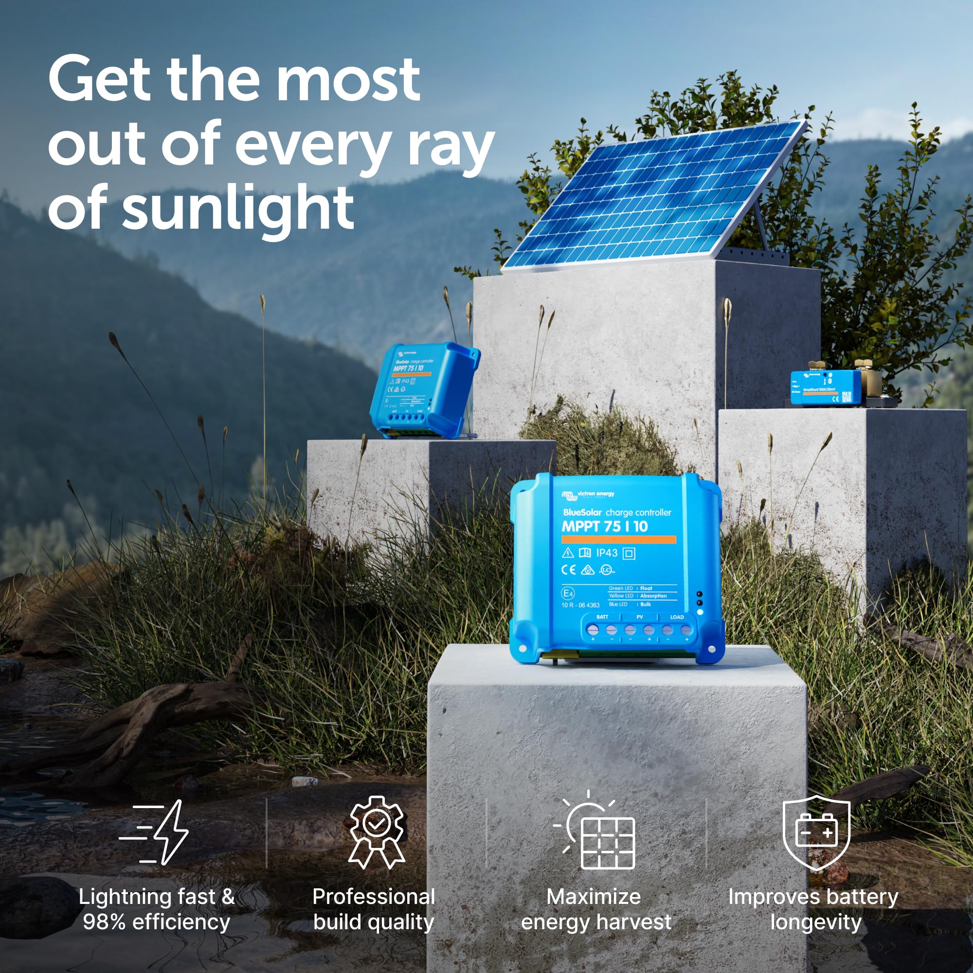 Victron Energy BlueSolar MPPT 75V 10A Solar Charge Controller for 12V/24V Solar Panels - High Efficiency Battery Charging for RVs, Boats & Off-Grid Power Systems
