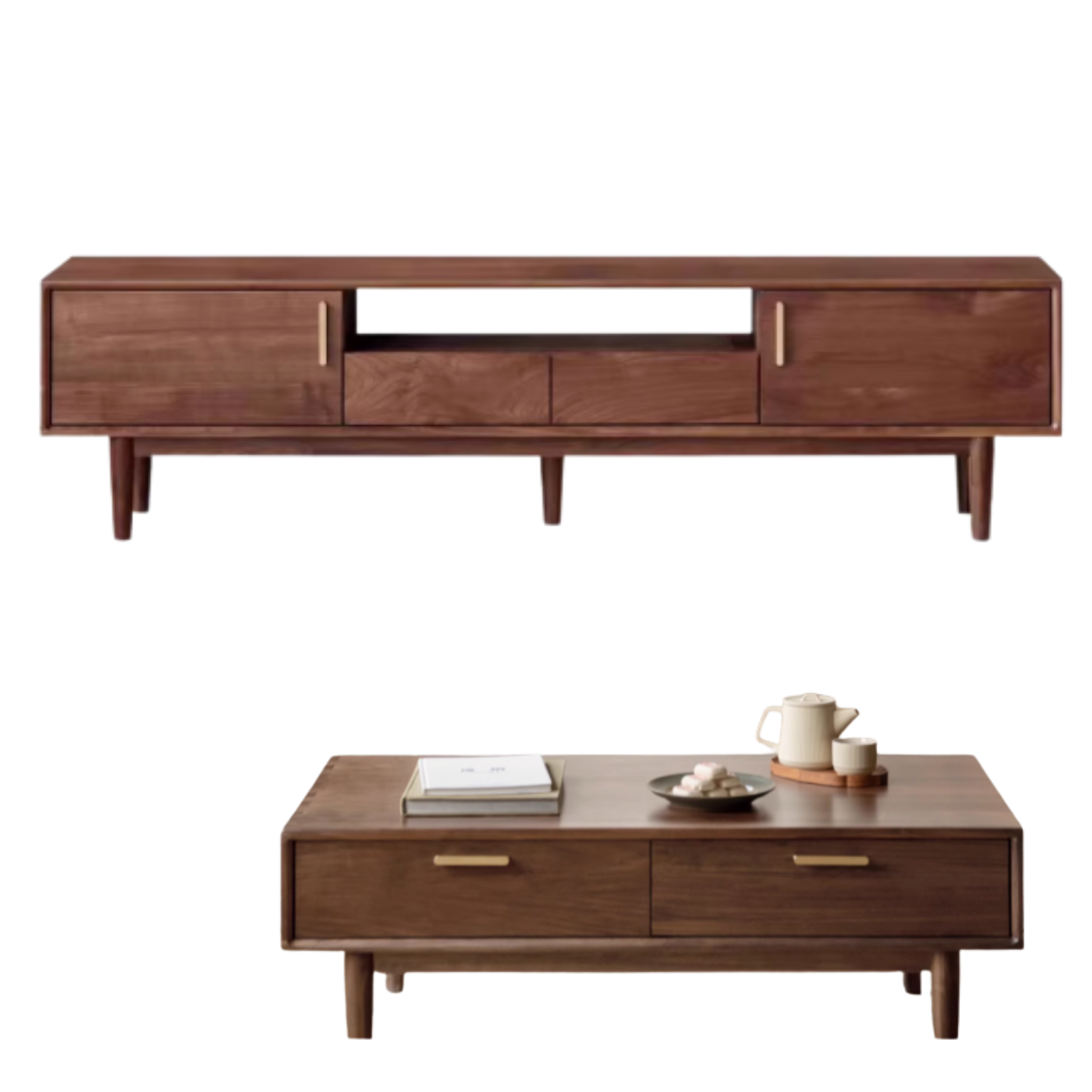86.6x15.6x19.7 inch/ 220x39.6x50сm/ Walnut color / TV cabinet + 1.2m solid wood coffee table