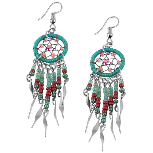 Stainless Steel Dream Catcher Dark Green Beaded Dangle Earrings for Women - Boho Chic Jewelry for Parties, Festivals & Everyday Wear