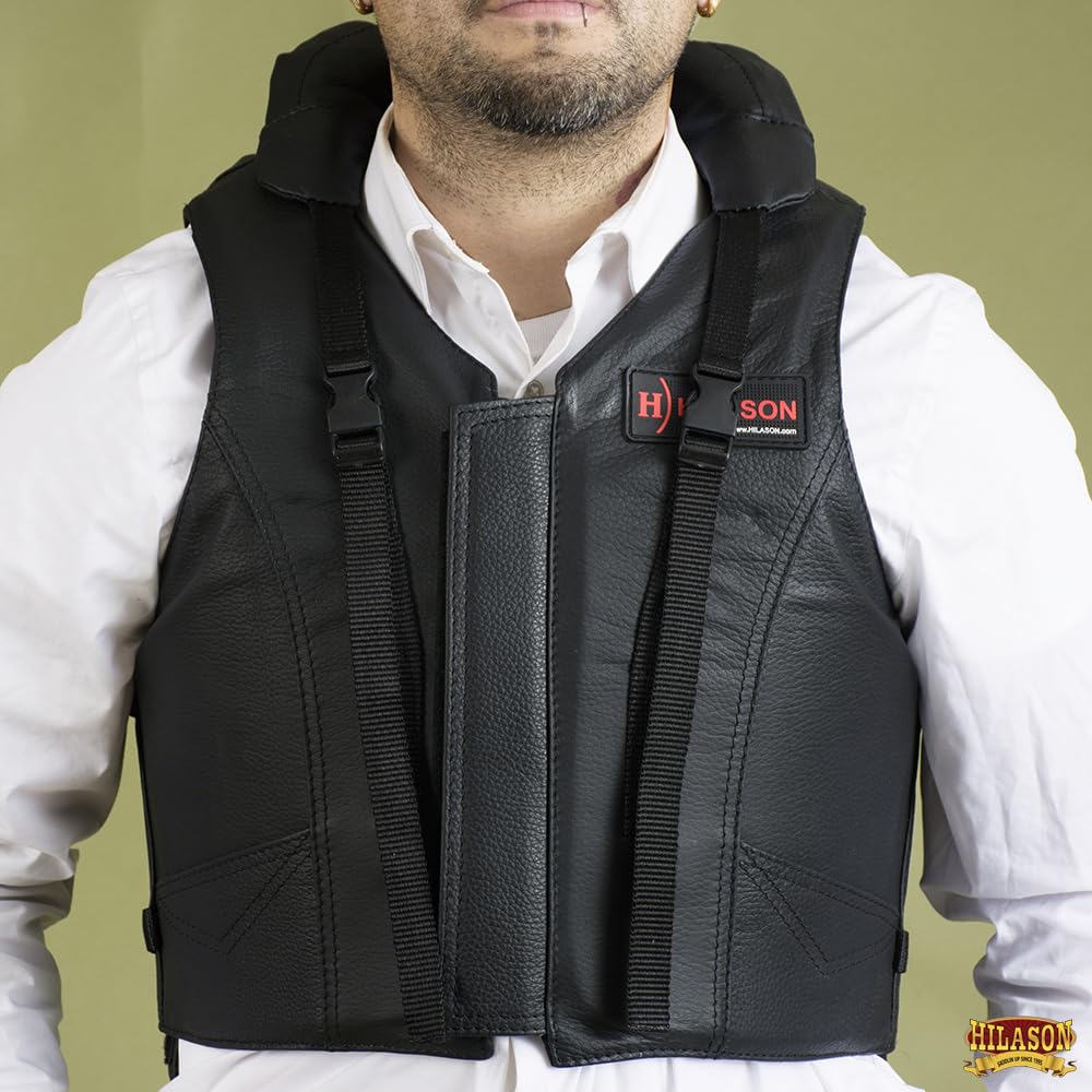 HILASON Black Leather Bull Riding Safety Vest with Tall Collar – Unisex Equestrian Protective Vest for Rodeo, Ranch Work & Western Riding