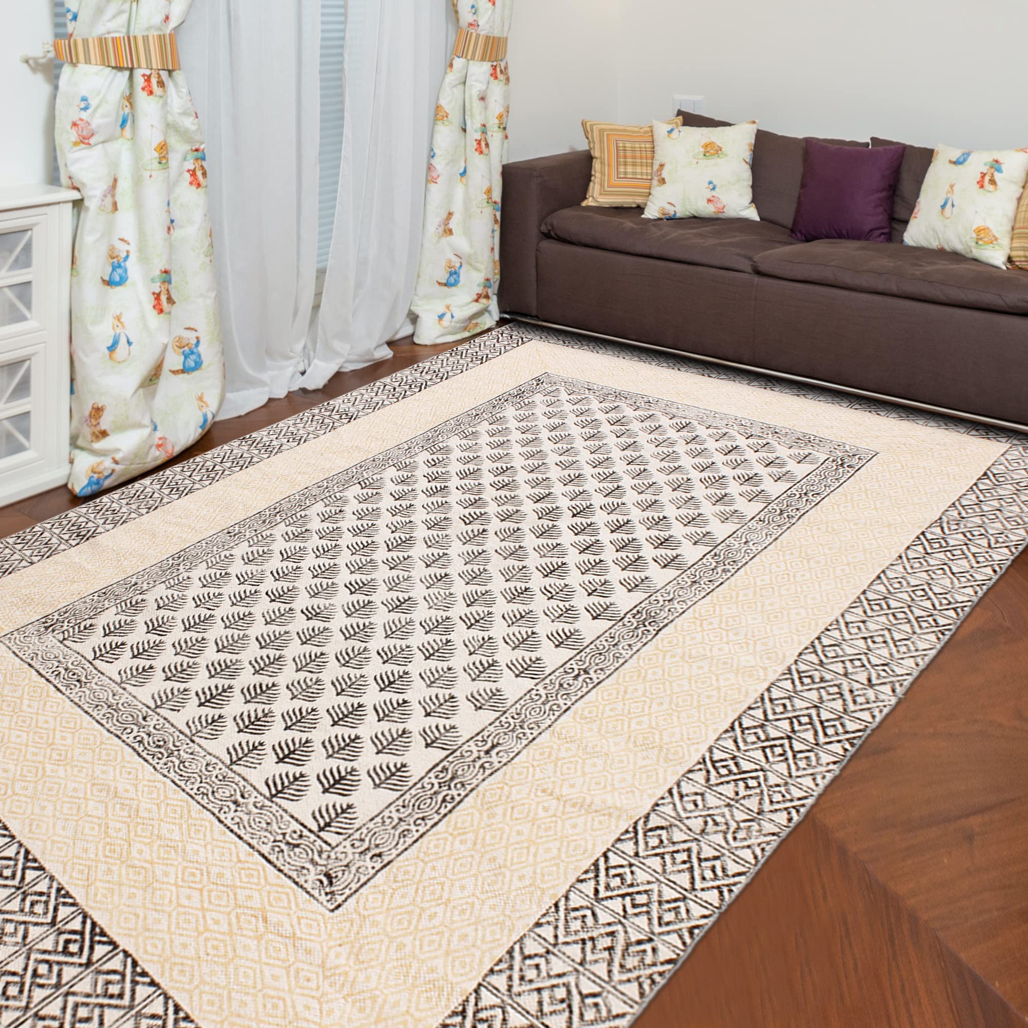 Bohemian Area Rug - Handmade Yellow & Black Cotton Runner with Tassels | Hand Block Printed Floral Design | Easy Washable | 90x600 cm (3x20 Feet) | Perfect for Living Room, Bedroom, Laundry Room & Entryway | Adds Boho Chic Style to Any Space