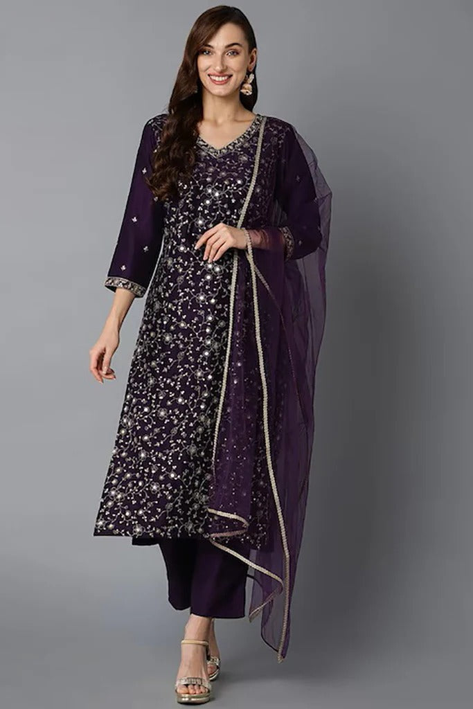 Elegant Purple Silk Blend Ethnic Motif Straight Suit Set for Women - Perfect for Weddings, Parties & Formal Occasions