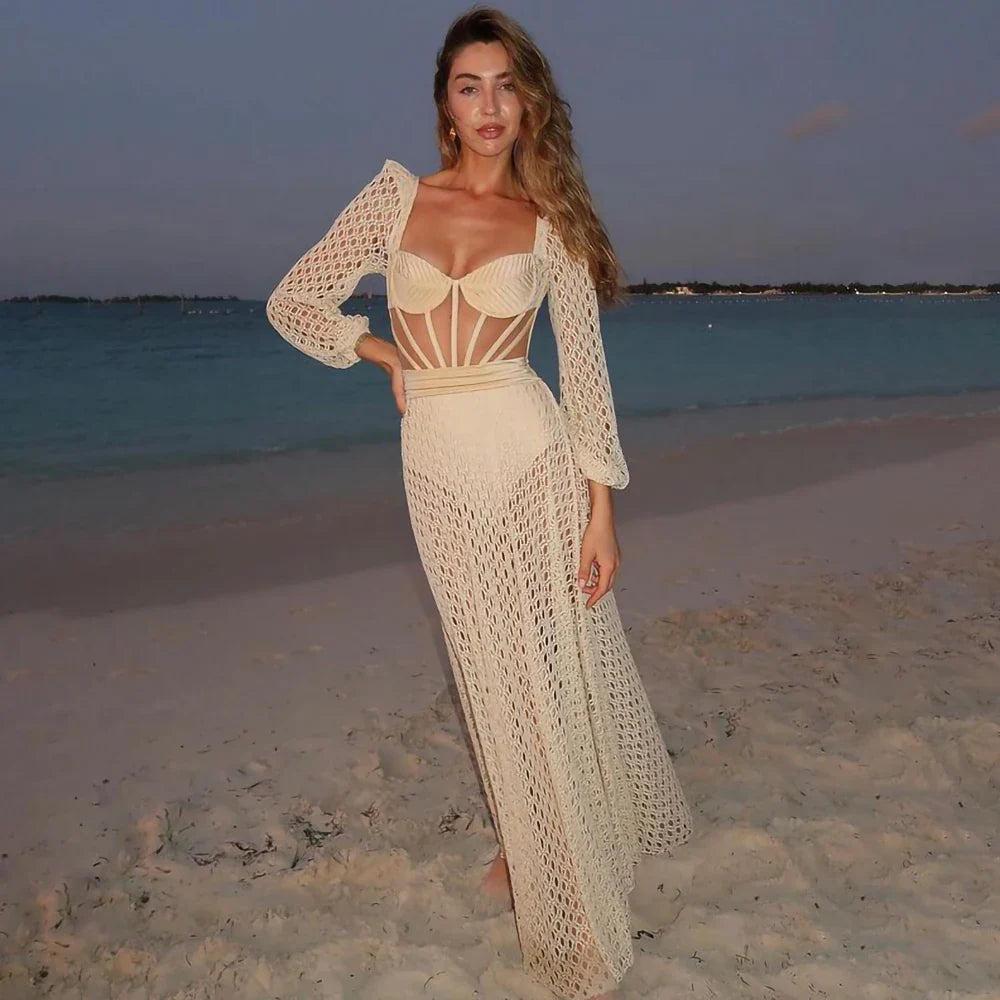 2023 New Retro Hollowed Out Backless Sexy Swimsuit - Long Sleeve Knitted Beach Dress for Women, Luxury Solid Color Swimwear, Perfect for Pool Party, Beach Vacation & Summer Fashion