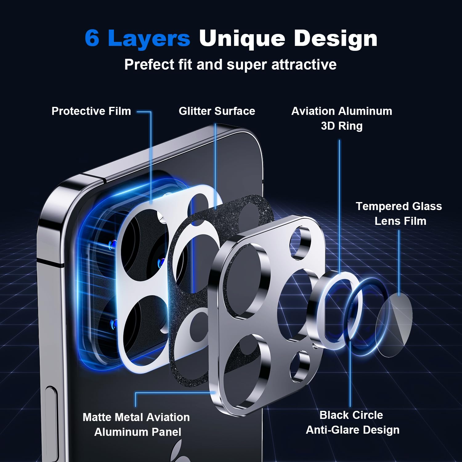Premium Tempered Glass Camera Lens Protector for iPhone 15 Pro & Pro Max - Diamond Sparkle Glitter Black | Military-Grade Drop Protection | Full Coverage Metal Frame | Perfect for Outdoor Adventures, Travel & Everyday Use