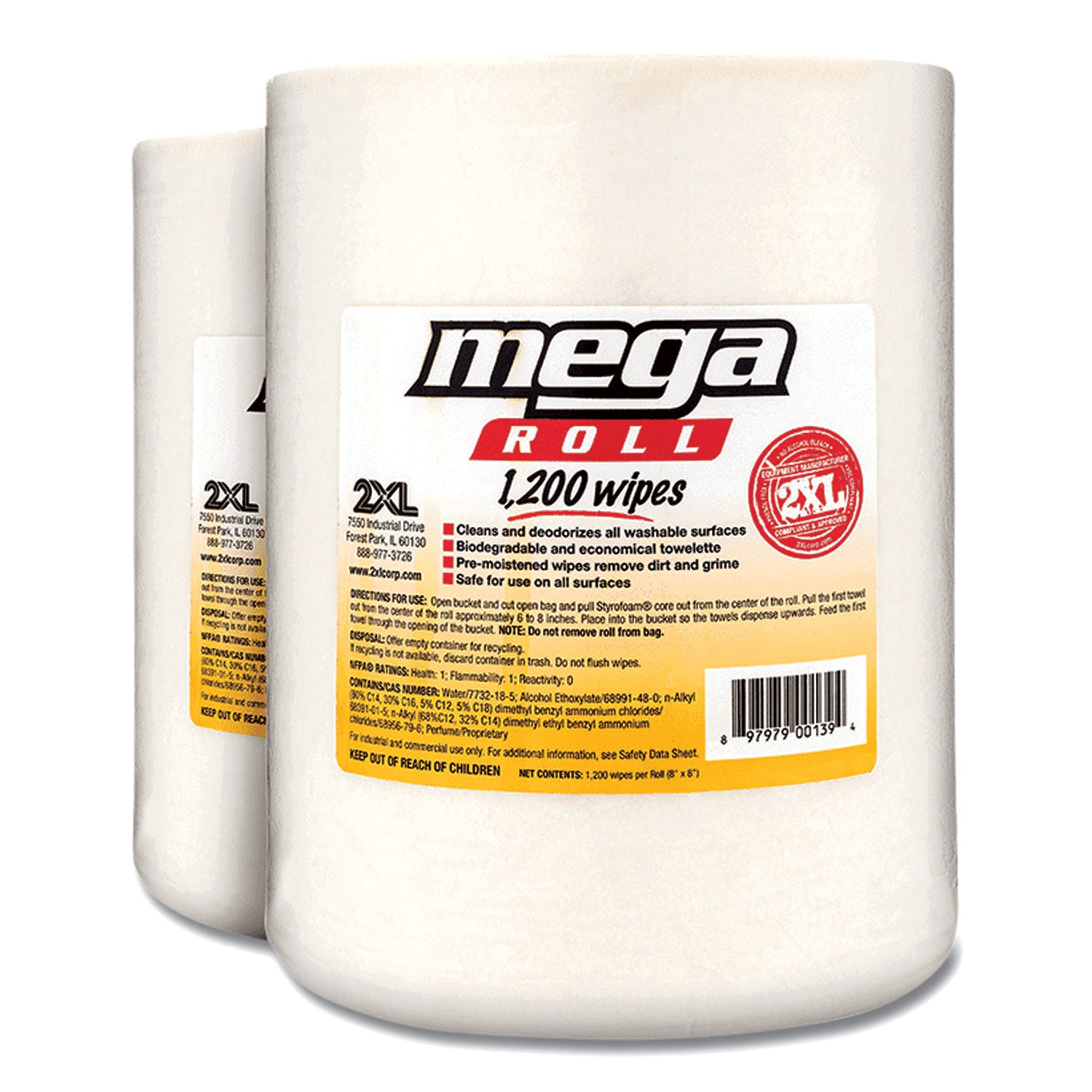 2XL Gym Wipes Mega Roll Refill - 8x8 Inch Unscented White Cleaning Wipes (1200 Wipes/Roll, 2 Rolls/Carton) for Gym Equipment, Yoga Mats & Fitness Gear