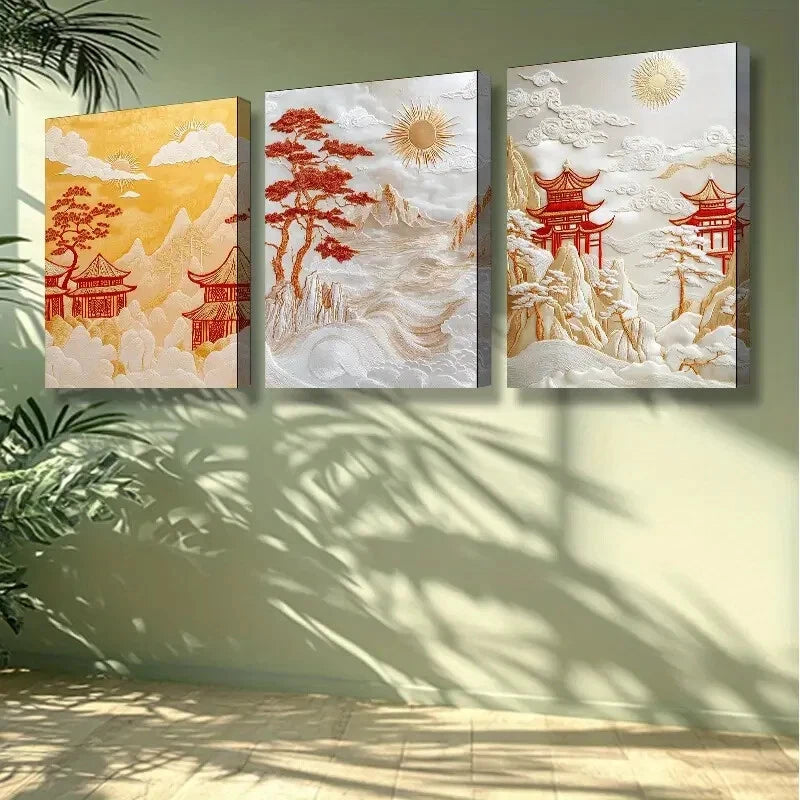 3-Piece Chinese Traditional Pavilion Wall Art Set - Framed Canvas Prints 40x60cm - High Quality Handmade Wall Decor - Ready to Hang - Perfect for Living Room, Bedroom & Office Decor