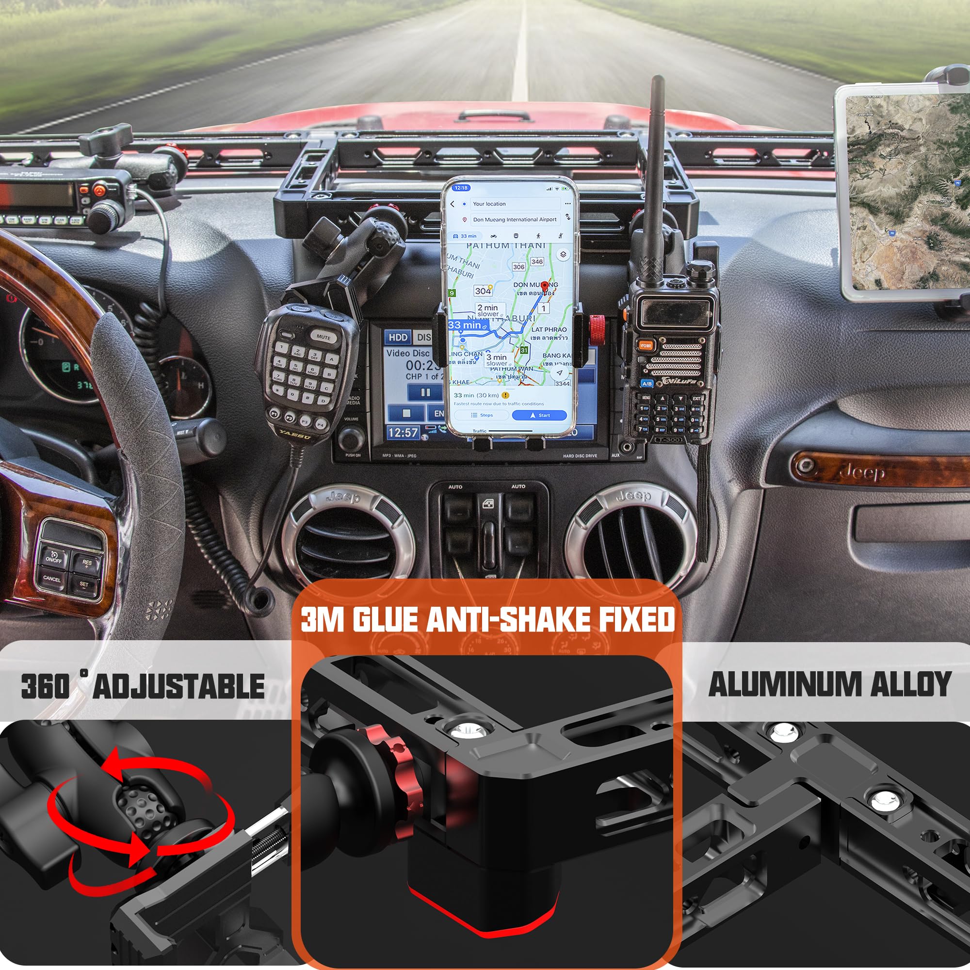 Universal Car Phone Mount Holder for 2007-2017 Jeep Wrangler JK JKU - Compatible with iPhone, Android Phones, Tablets, iPad, GoPro & Insta360 Cameras - Secure Dashboard Mount for Hands-Free Driving & Adventure Travel