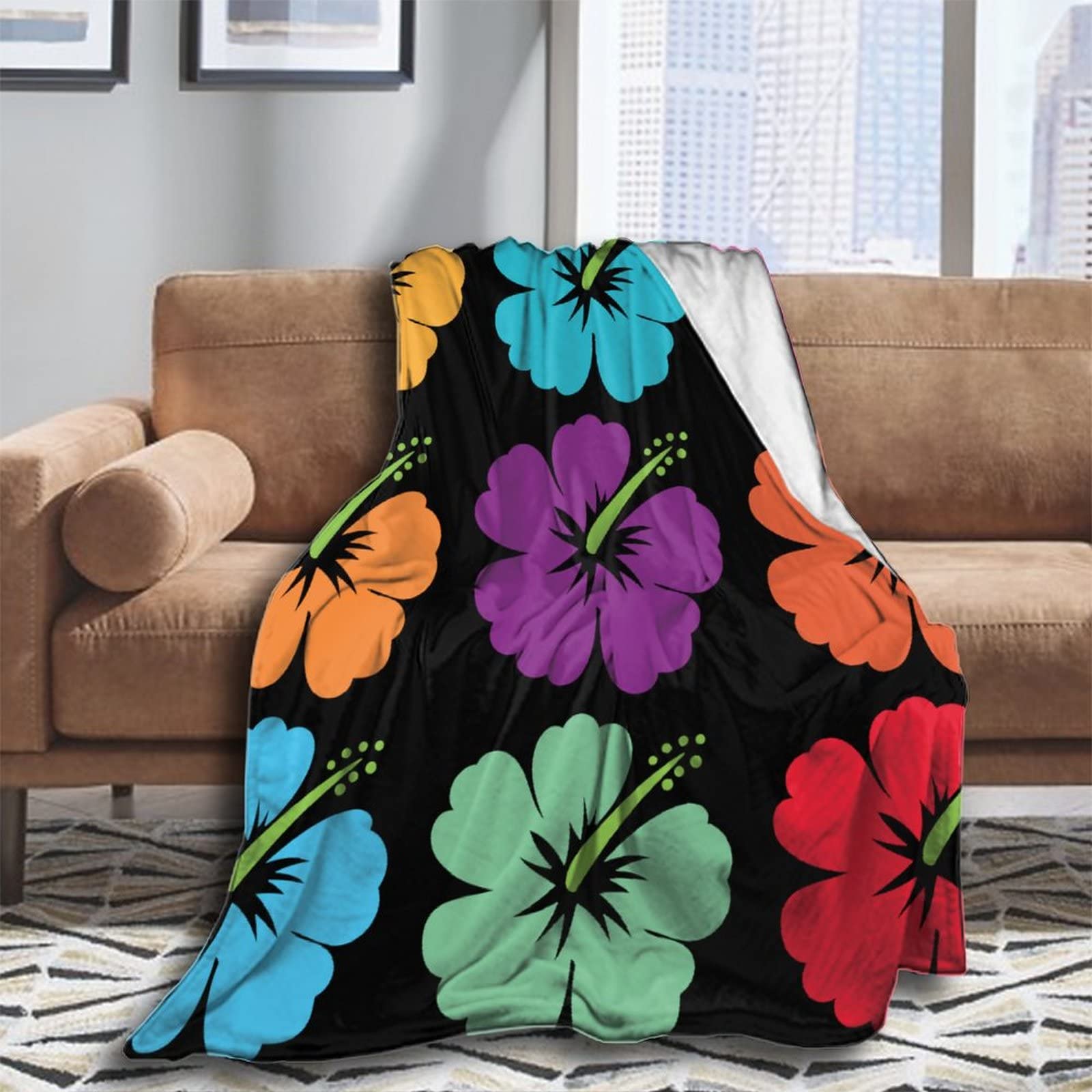 Soft & Warm Hawaiian Hibiscus Fleece Throw Blanket - 80x60 Inch Lightweight Cozy Blanket for Couch, Sofa & Bed - Perfect for Home Decor, Gift Giving & Winter Snuggling
