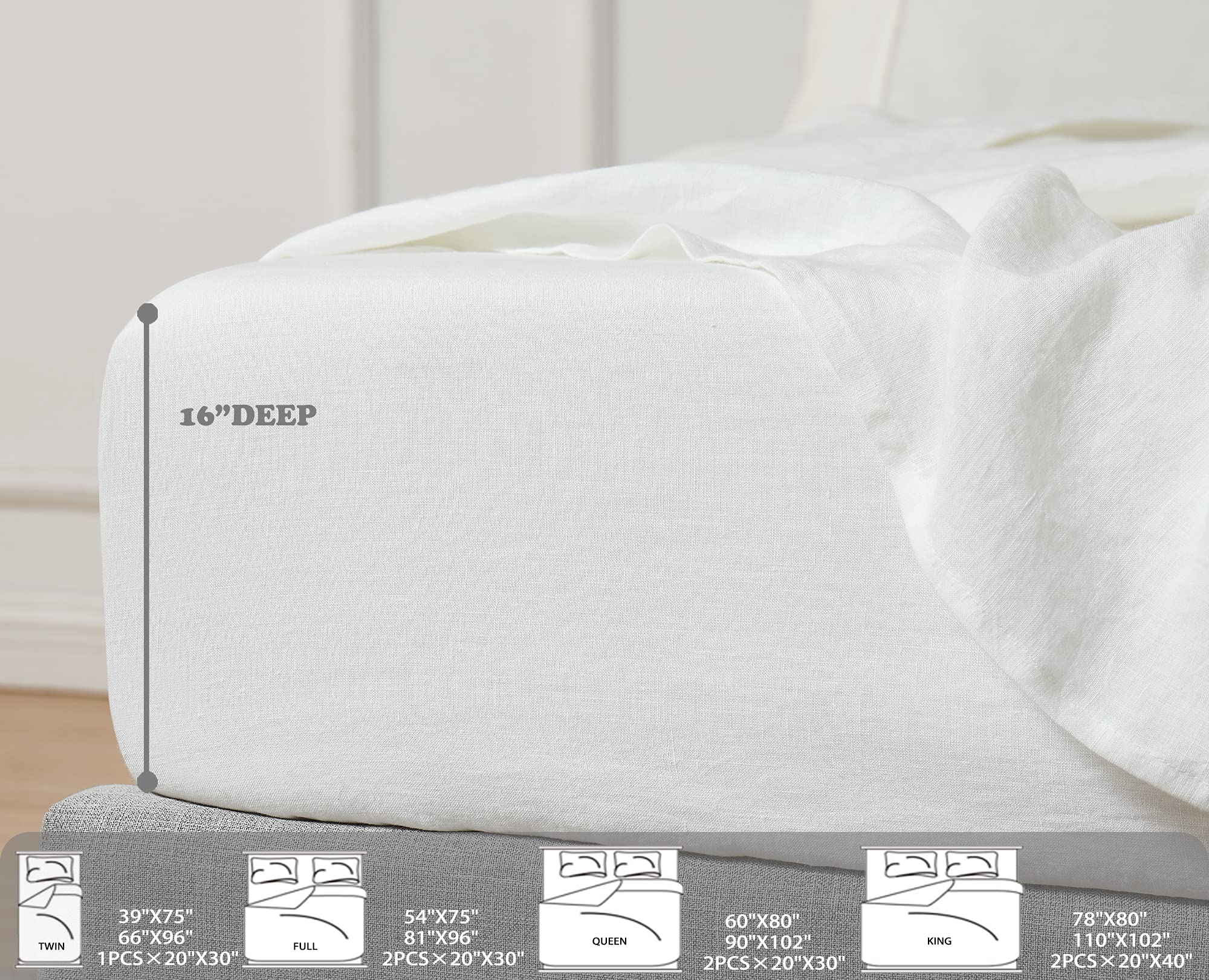 Premium 100% French Flax Linen Sheet Set - Queen Size, Stone Washed, 16