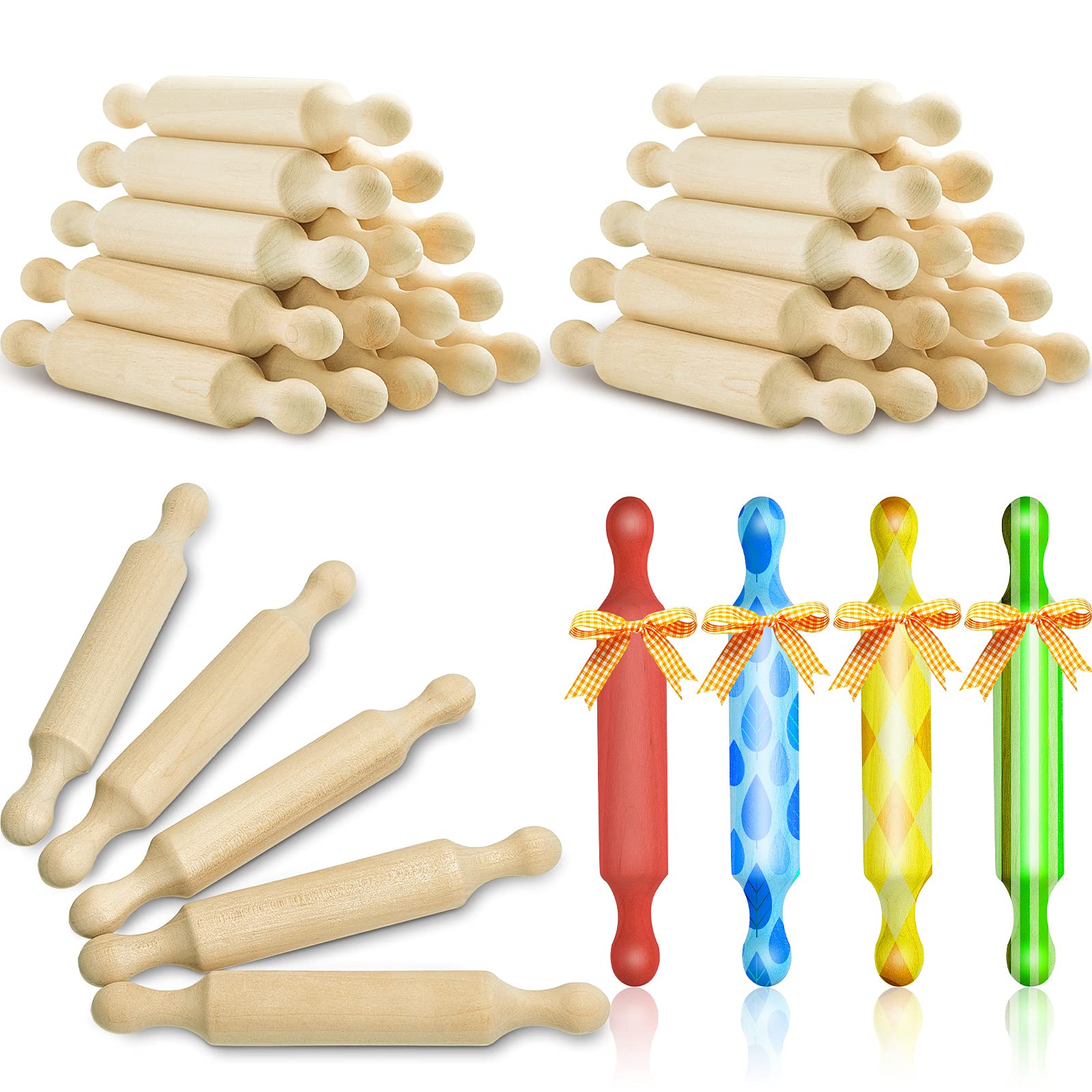 Suclain Wooden Mini Rolling Pin Set - 7 Inch Small Dough Roller for Baking, Pizza Making, Fondant Crafting | Perfect for Kids Kitchen Play, Holiday Gifts (Halloween & Christmas) | 30-Piece Baking Tools for Creative Play & Cooking Activities