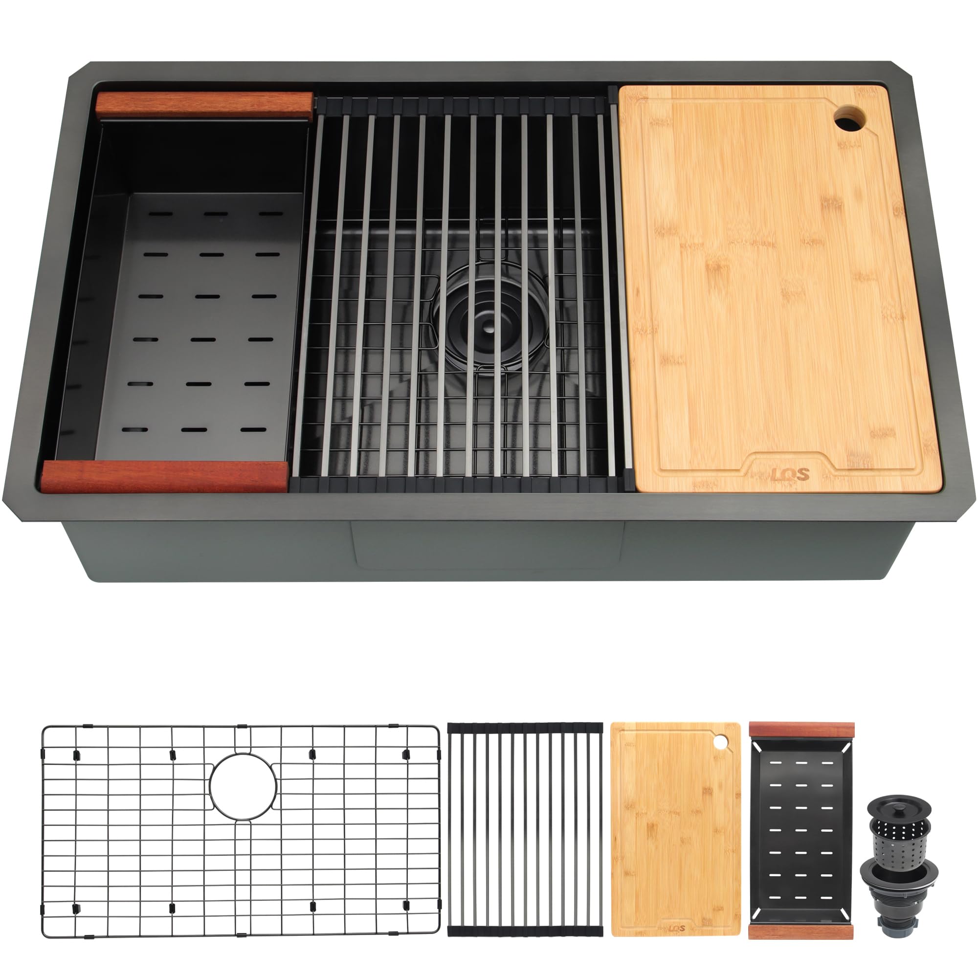 LQS 32 Inch Black Undermount Kitchen Sink - 16 Gauge Stainless Steel Workstation Sink with Accessories (32”x19”) | Deep Single Bowl for Modern Kitchens | Perfect for Meal Prep, Dishwashing & Entertaining