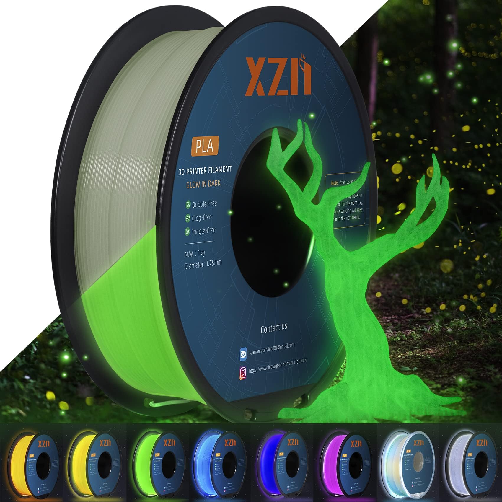 Glow in The Dark PLA Filament 1.75mm 1KG - XZN 3D Printer Filament, Luminous Green PLA for Nighttime 3D Printing, Cosplay Props & DIY Glow Decorations