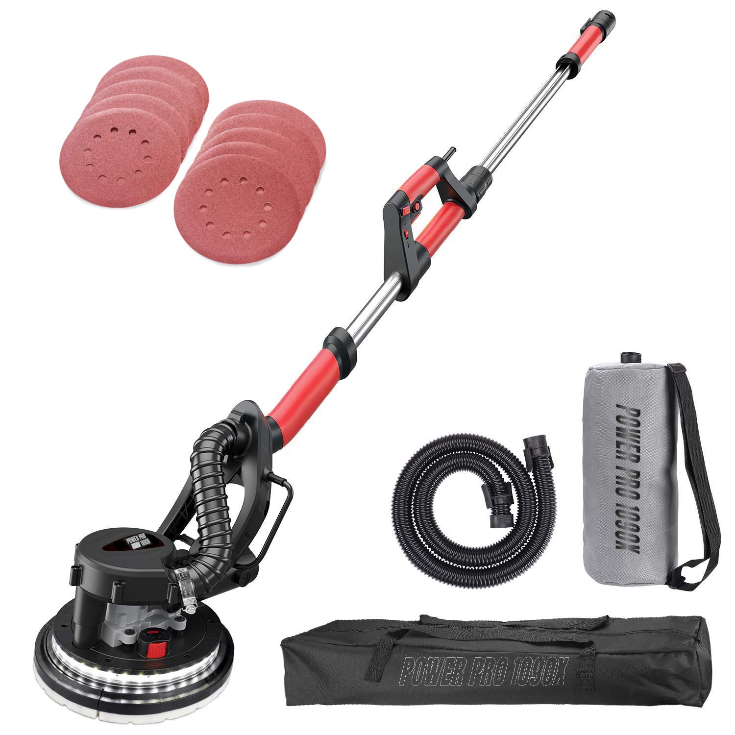 POWER PRO 1090X Electric Drywall Sander - 800W Variable Speed 500-1800RPM with Auto Dust Vacuum System, LED Light & Carry Bag - Perfect for Home Renovation, Wall Smoothing & Professional Construction Projects (1090X)