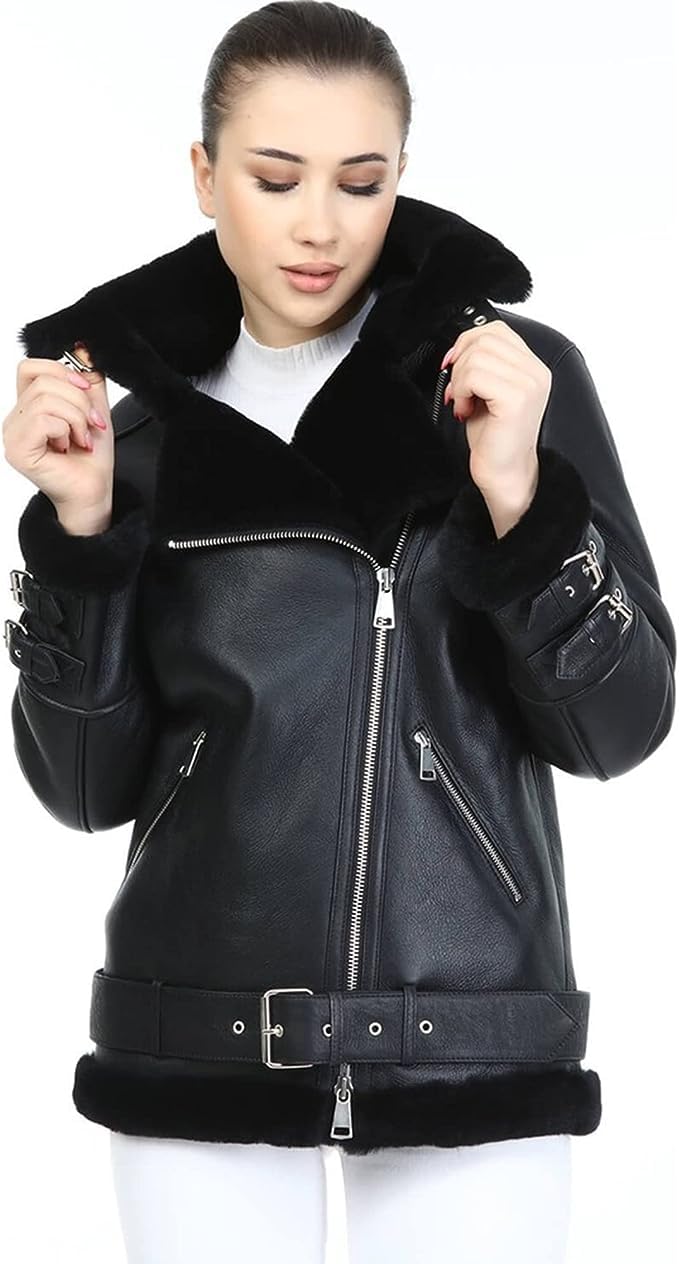 Women's Shearling Coat - Soft & Warm Winter Jacket with Real Fur Trim, XX-Large Black Outerwear for Cold Weather | Cozy Fashion for Everyday Wear & Outdoor Activities