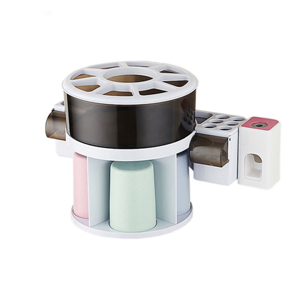 Corldif 360° Rotating Wall Mount Toothbrush Holder & Hands-Free Toothpaste Dispenser - No Drill Needed Bathroom Organizer with 4 Cup Holders for Electric Toothbrushes - Perfect for Small Bathrooms, Apartments & Dorm Rooms