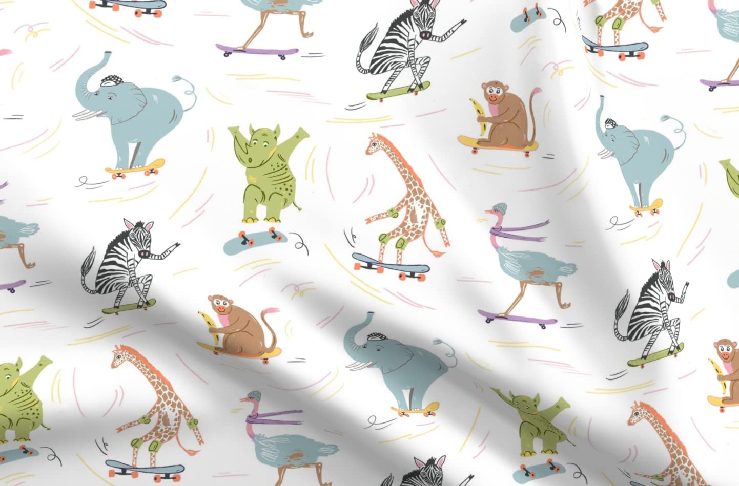 Skater Safari Kids Fabric - Pastel Zebra Monkey Giraffe Print Cotton Poplin by The Yard for Sewing, Quilting, Dresses & DIY Crafts | Perfect for Children's Clothing, Home Decor & Nursery Projects