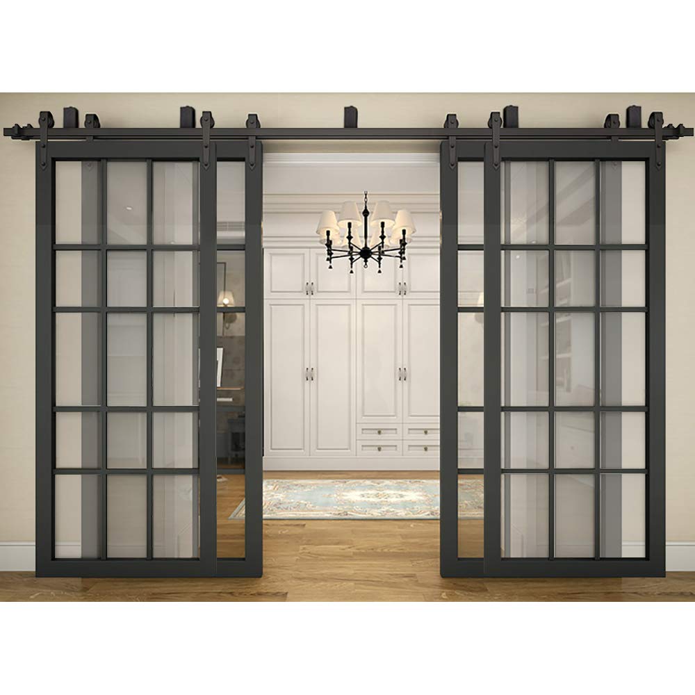 ZEKOO 15FT Double Bypass Barn Door Hardware Kit - Black Roller Hanger System for 4 Wooden Doors | Heavy Duty Double Track Sliding Door System | Perfect for Bedrooms, Closets & Farmhouse Style Homes
