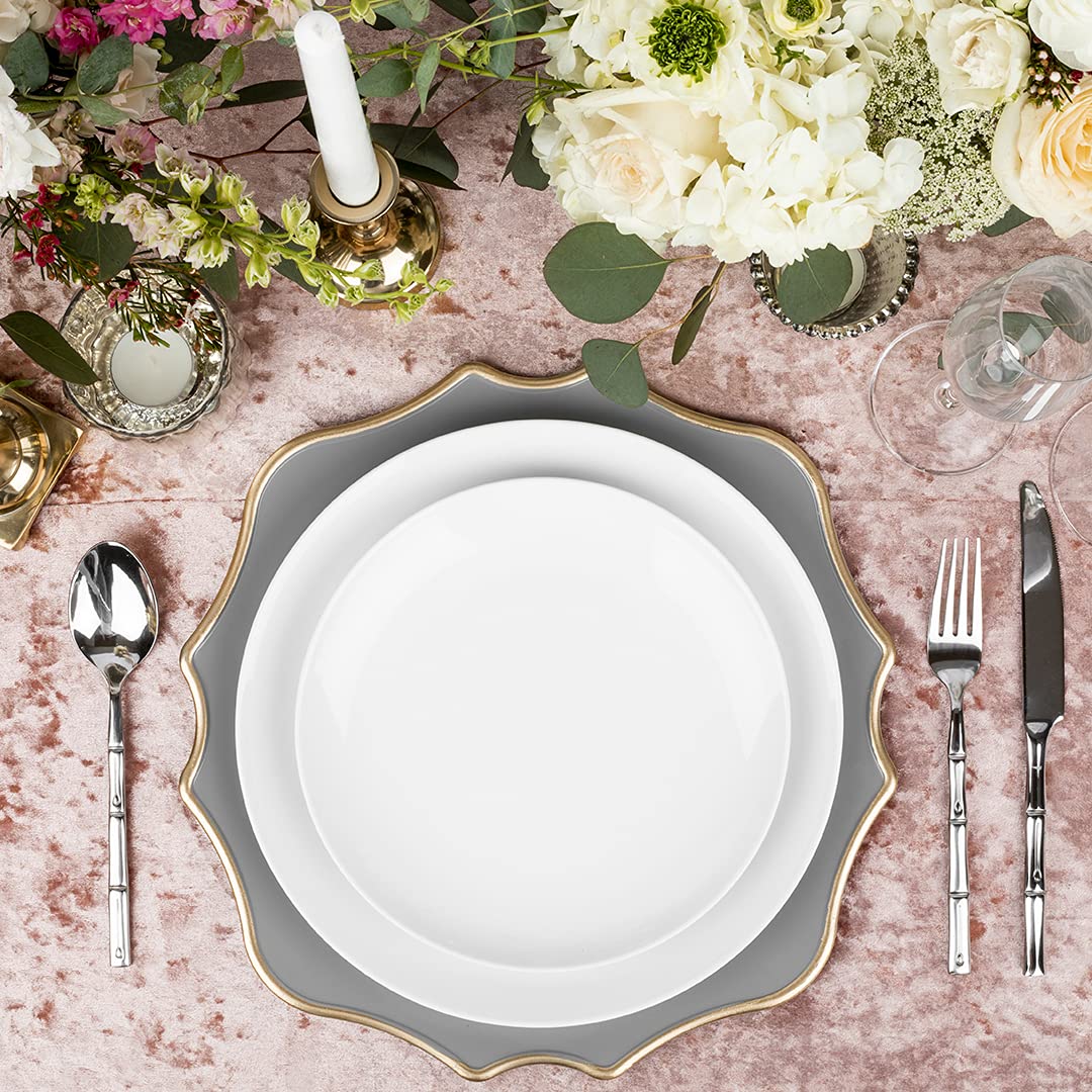 Koyal Wholesale 12-Pack Modern Scallop Charger Plates - French Style Rustic Farmhouse Dinnerware, Ornate Decorative Plates for Wedding, Party & Holiday Table Setting (Gray)