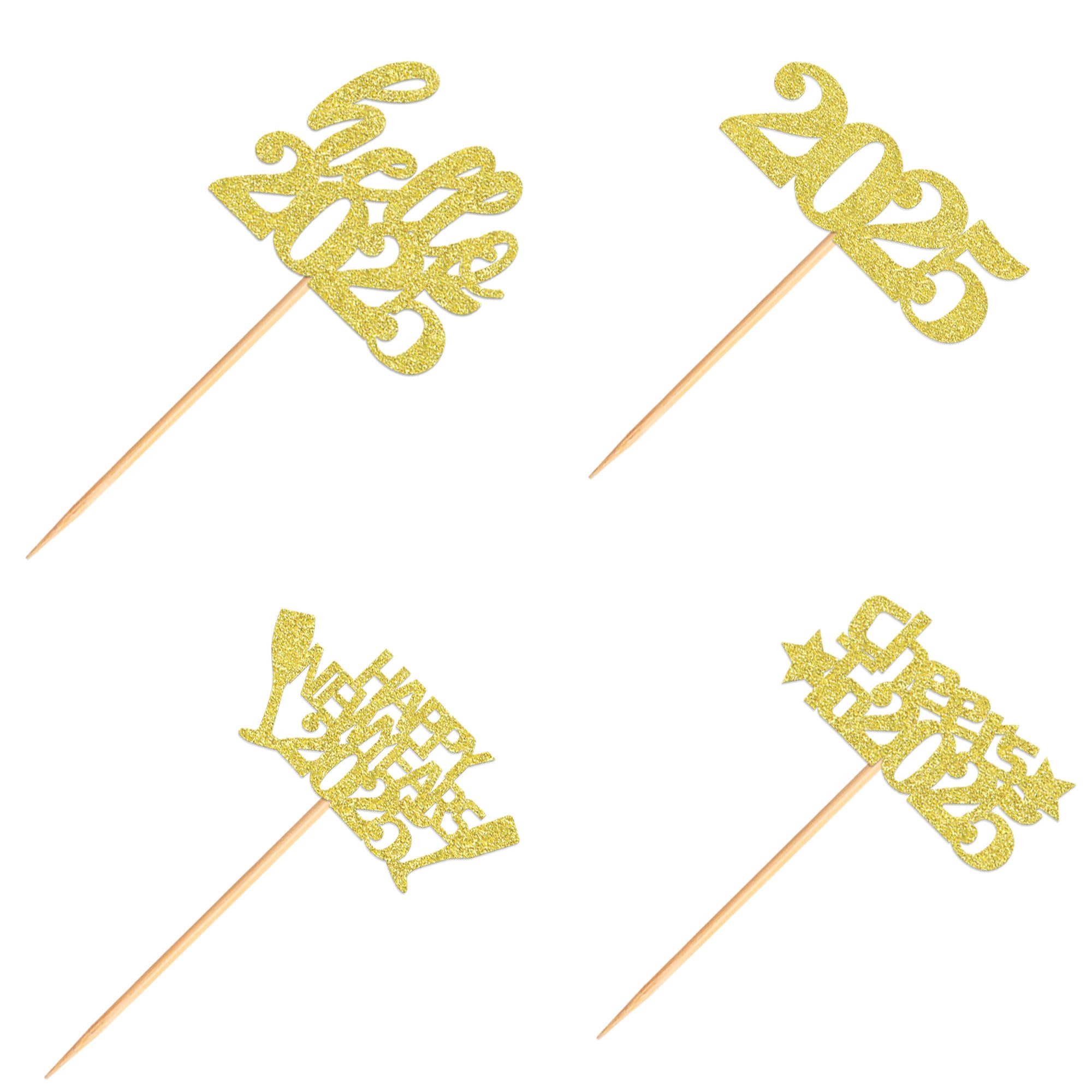 40 Pcs Gold Glitter New Year Cupcake Toppers 2025 - Cheers to 2025 Cake Picks for New Year's Eve Party Decorations - Perfect for Birthday, Wedding & Holiday Celebrations