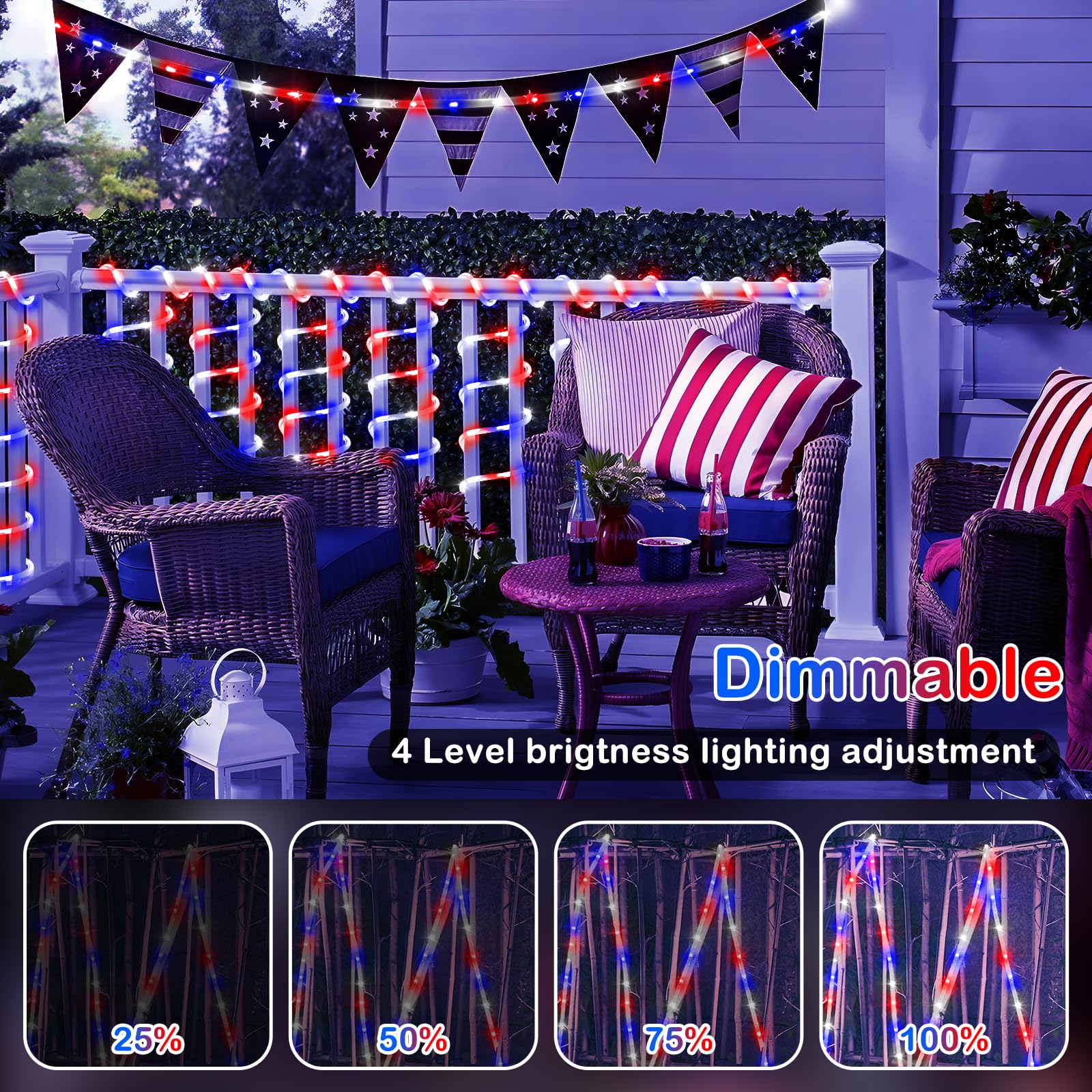 600 LED Red White and Blue Patriotic Rope Lights - 197FT Waterproof 4th of July Decorations with Remote & 8 Lighting Modes for Independence Day, Garden, Patio, Party - Indoor/Outdoor Holiday Decor for Backyard, Deck, Fence, and House