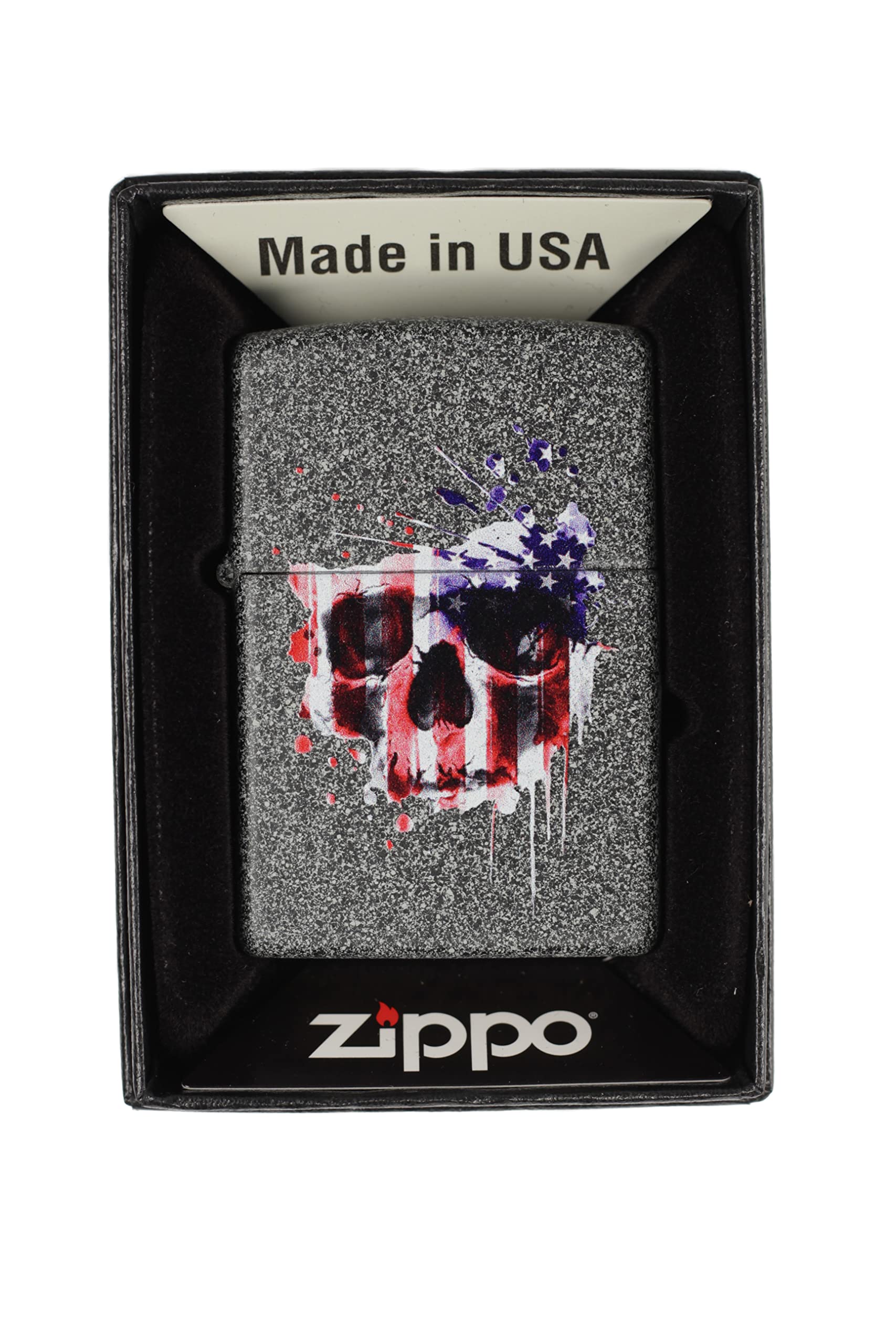 Patriotic Skull & Splatter Paint Zippo Lighter with American Flag Design - Windproof Metal Lighter for Outdoor Camping, BBQ, Hiking & Collectors