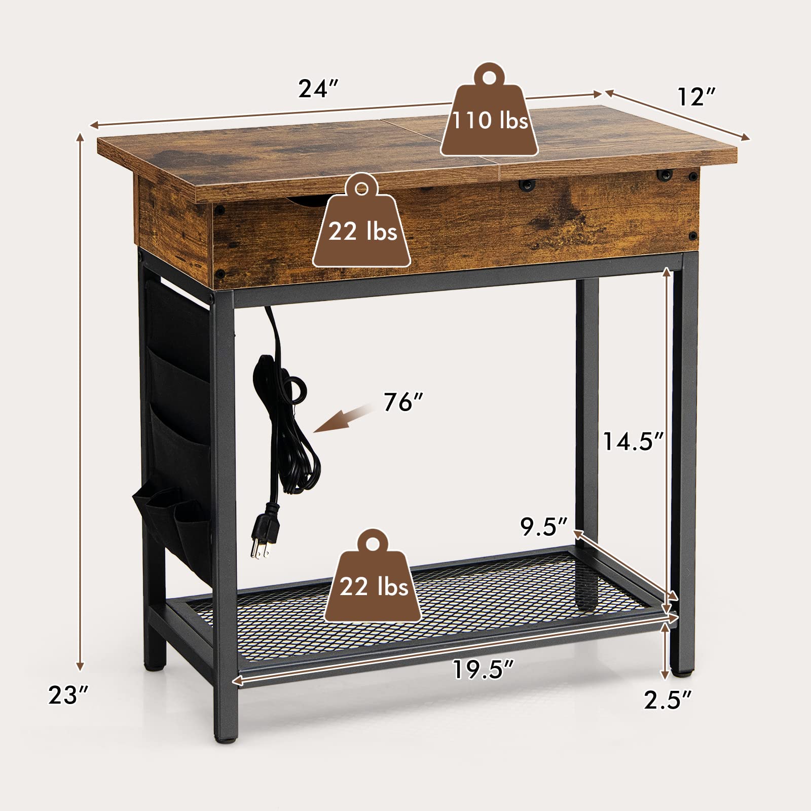 Tangkula Flip Top Side Table with Charging Station - USB Ports & Outlets, Narrow End Table with Fabric Storage Bags - Industrial Nightstand for Small Spaces (Rustic Brown, 2-Pack) | Perfect for Living Room, Bedroom & Dorm Organization