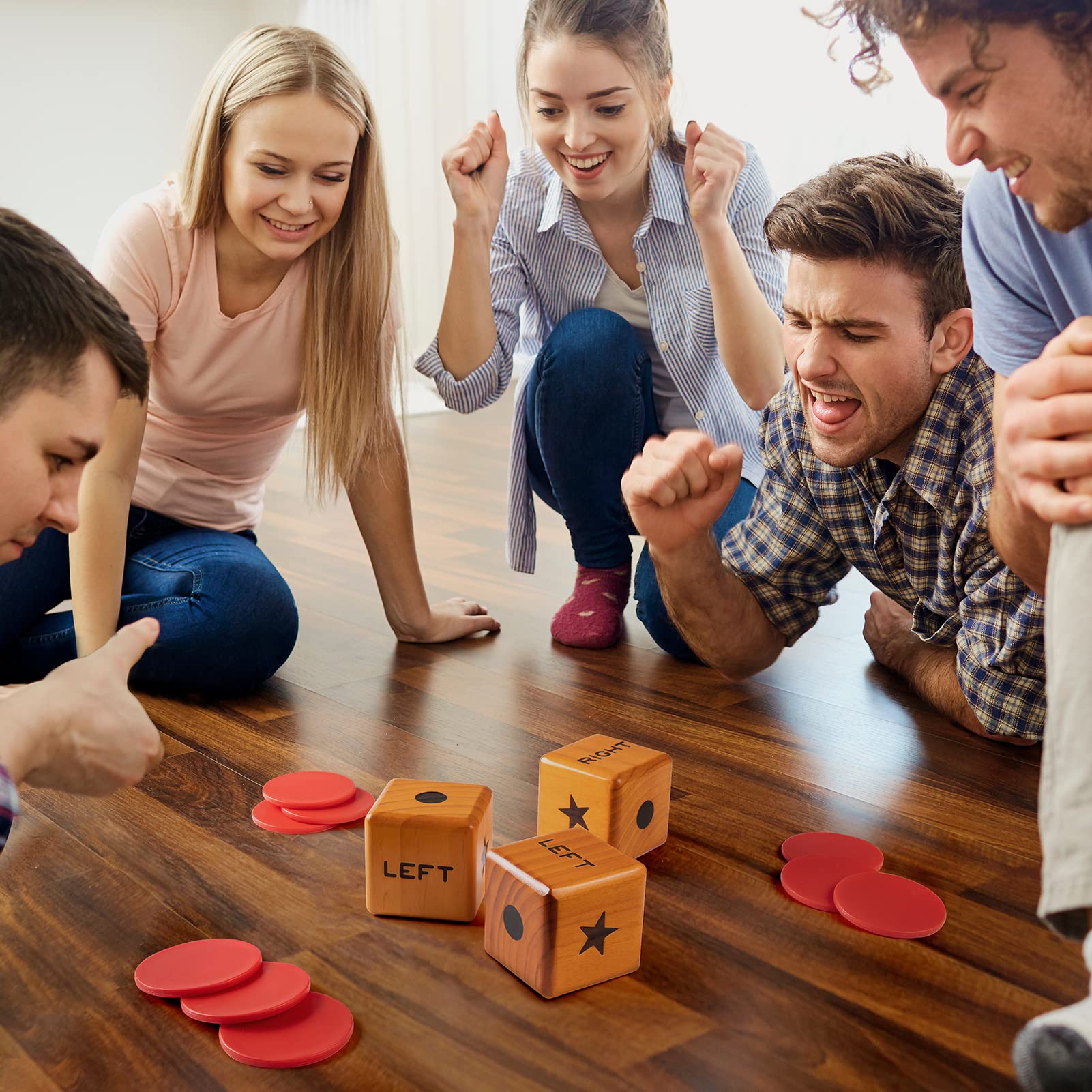 Giant Right Center Left Dice Game Set with 24 Large Chips & Carry Bag - 3.5 Inch Wooden Outdoor Lawn Dice for Family Game Night, Parties, Camping and Backyard Fun