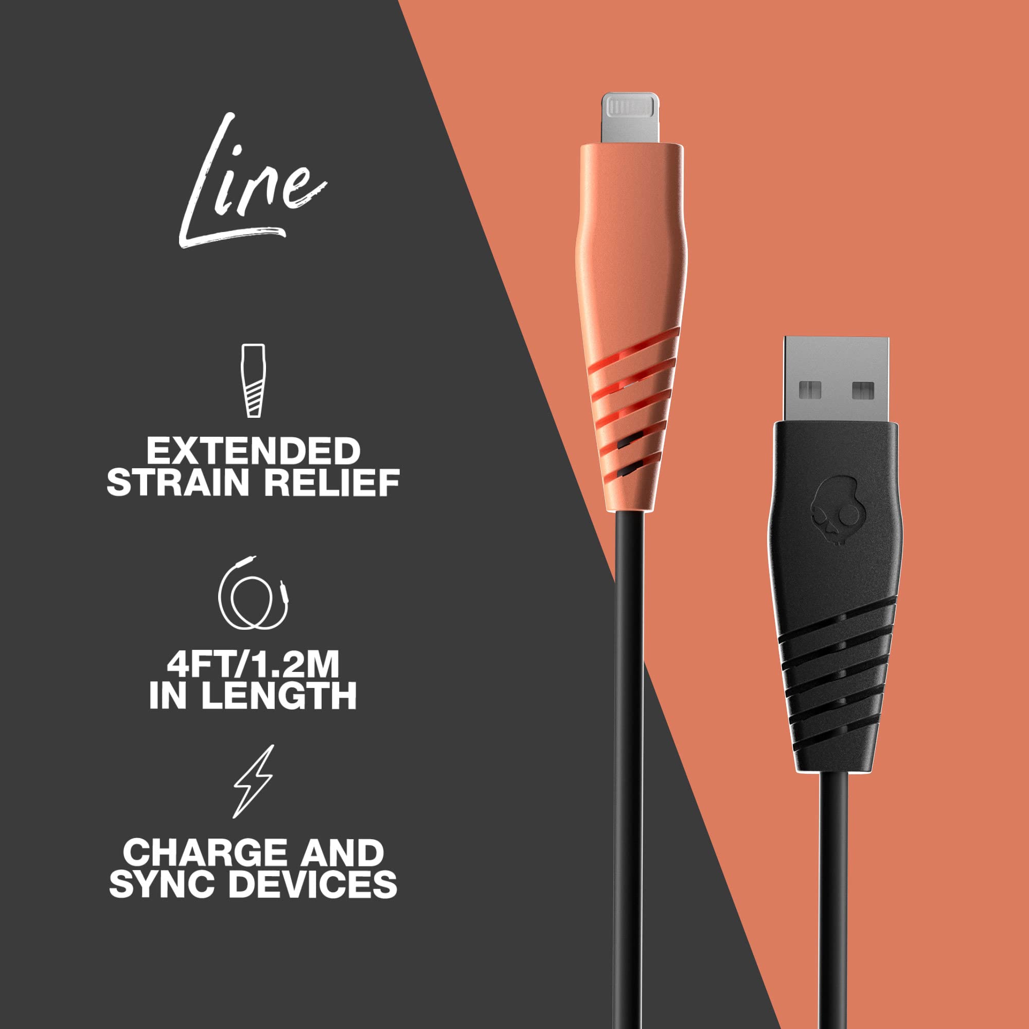 Premium Skullcandy Line Lightning Cable - 15W Fast Charging USB A to Lightning Cord for iPhone 14/13/12/11/Pro/Max/X/8/7, 4ft Durable Charger & Sync Cable (Black/Orange) - Perfect for Home, Office & Travel Charging