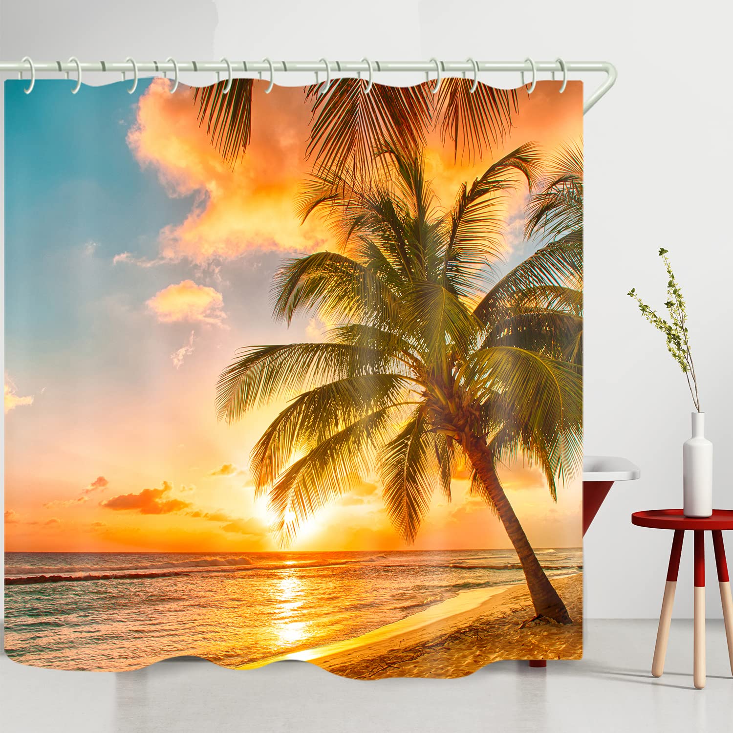 Waterproof Shower Curtain Set with Natural Beach Coconut Tree Print - Polyester Fabric Bathroom Curtain with Hooks & Liners - Coastal Decor for Bathroom, Bathtub, and Toilet Accessories - Perfect for Beach-Themed Bathrooms and Spa-Like Showower Experience