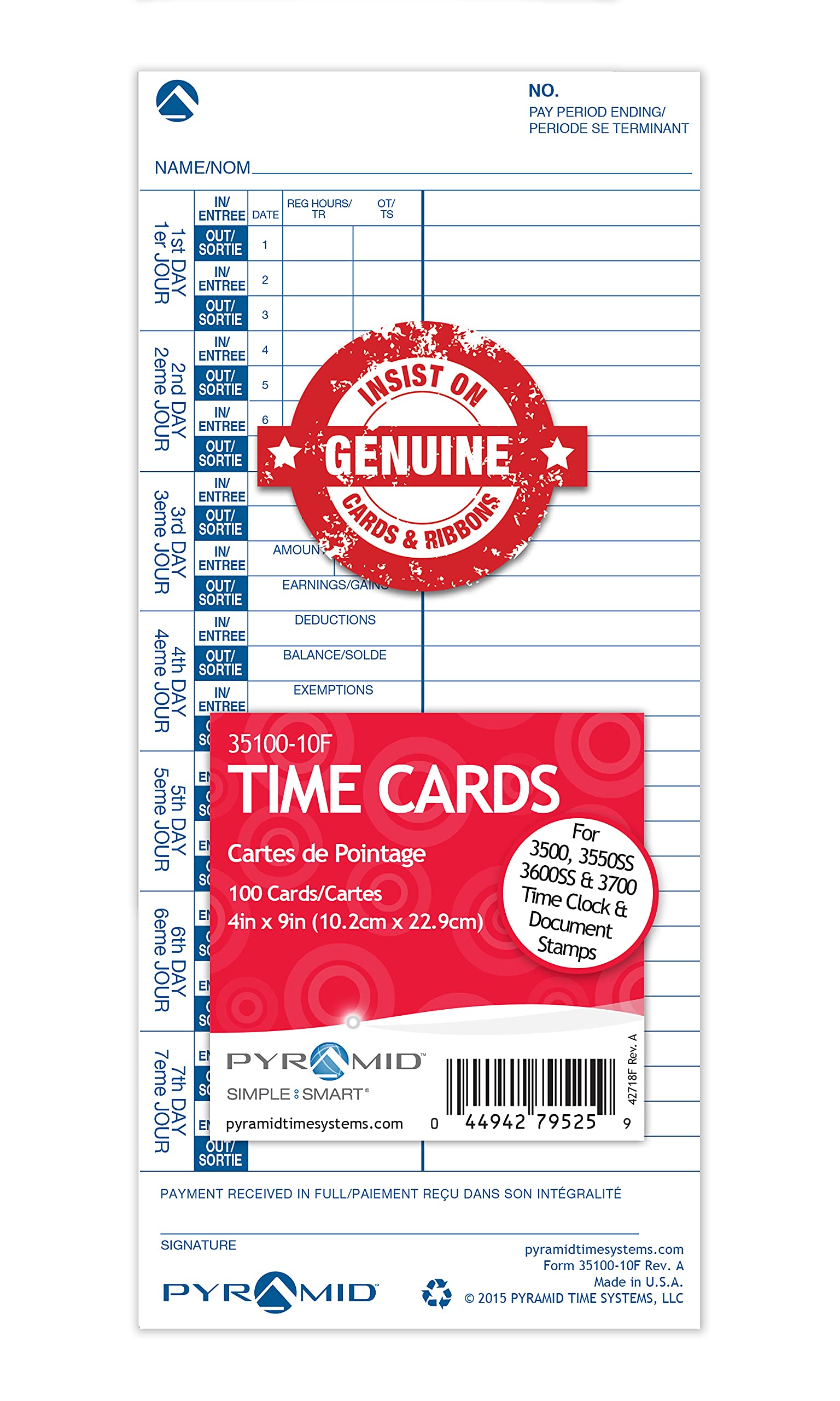 1000 Genuine French White Time Cards for Pyramid Time Clock Models 3500, 3500SS, 3600SS, 3700 - Authentic Replacement Time Sheets for Employee Attendance Tracking in Offices, Factories & Workplaces